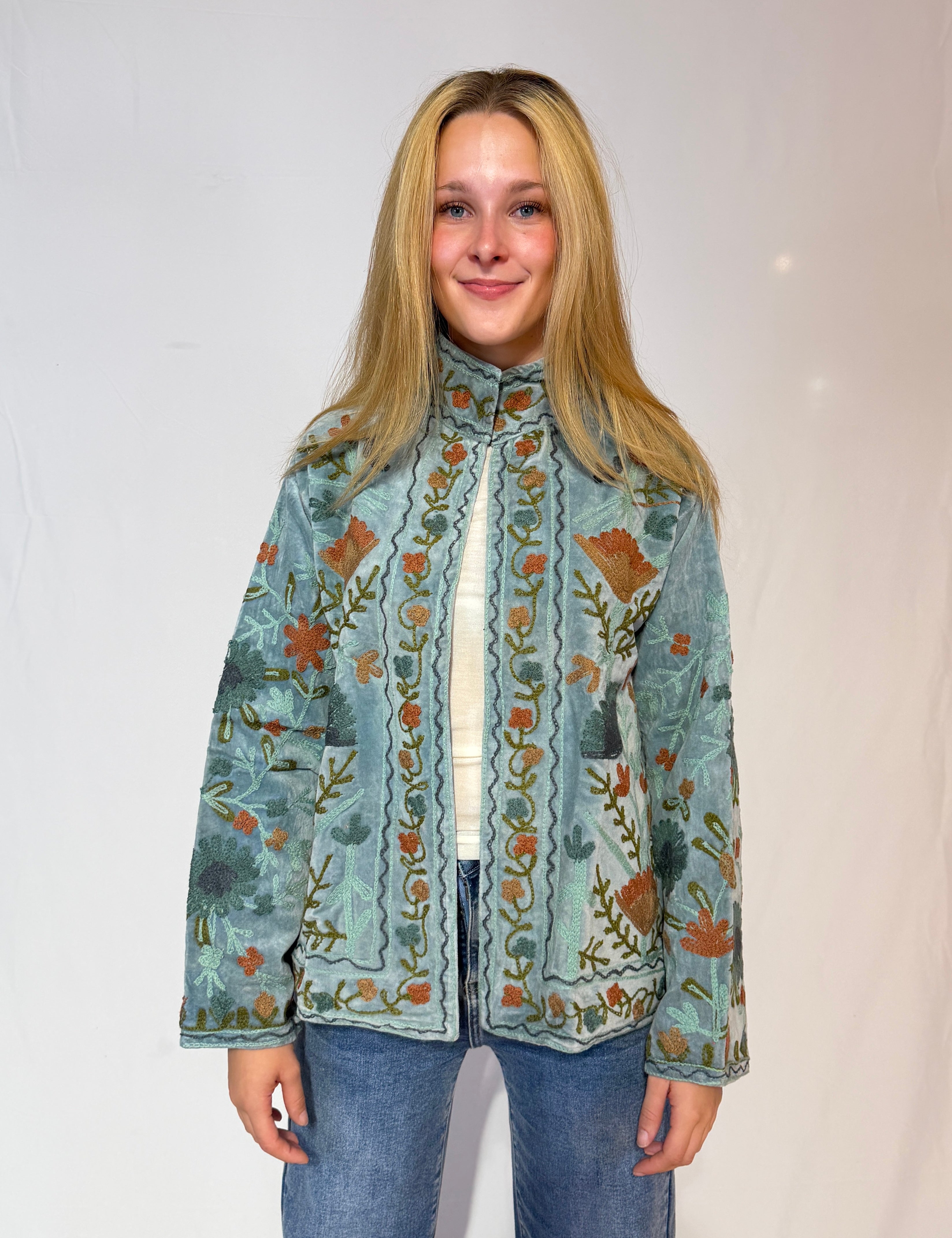 Suzani Hand-Embroidered Velvet Jacket – Mist Blue Wild Meadow