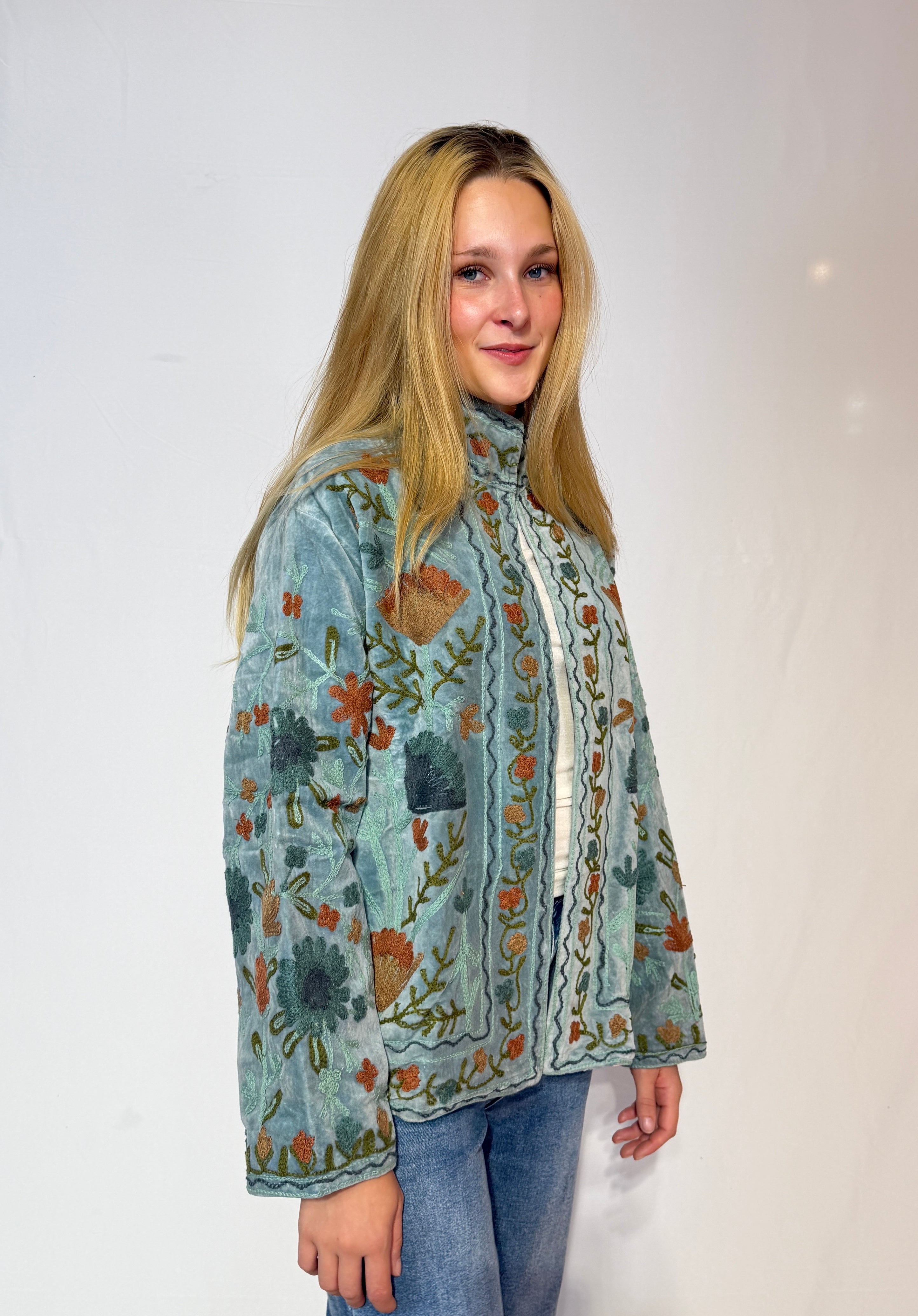 Suzani Hand-Embroidered Velvet Jacket – Mist Blue Wild Meadow