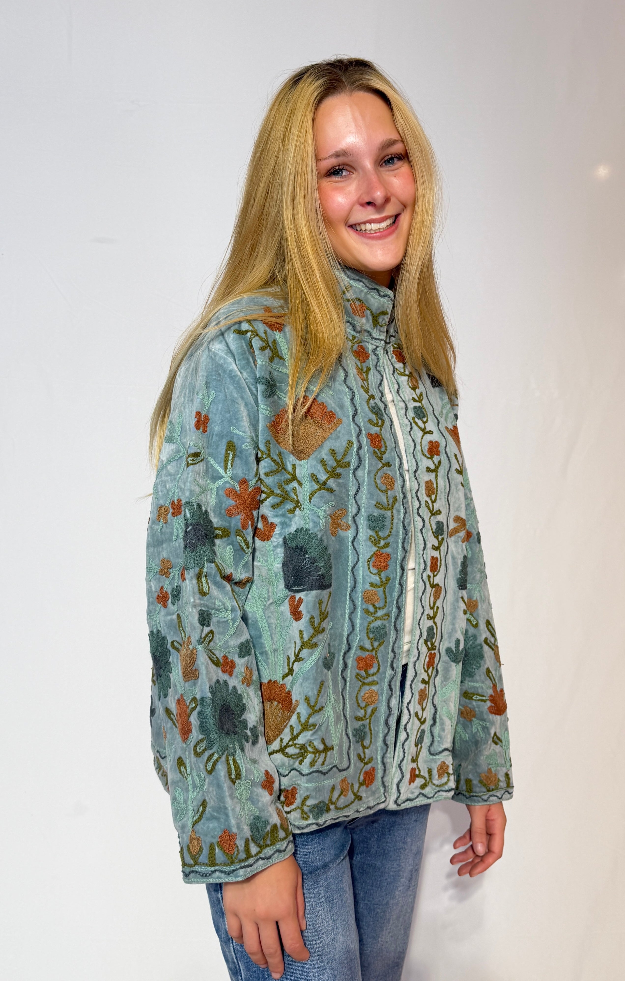 Suzani Hand-Embroidered Velvet Jacket – Mist Blue Wild Meadow