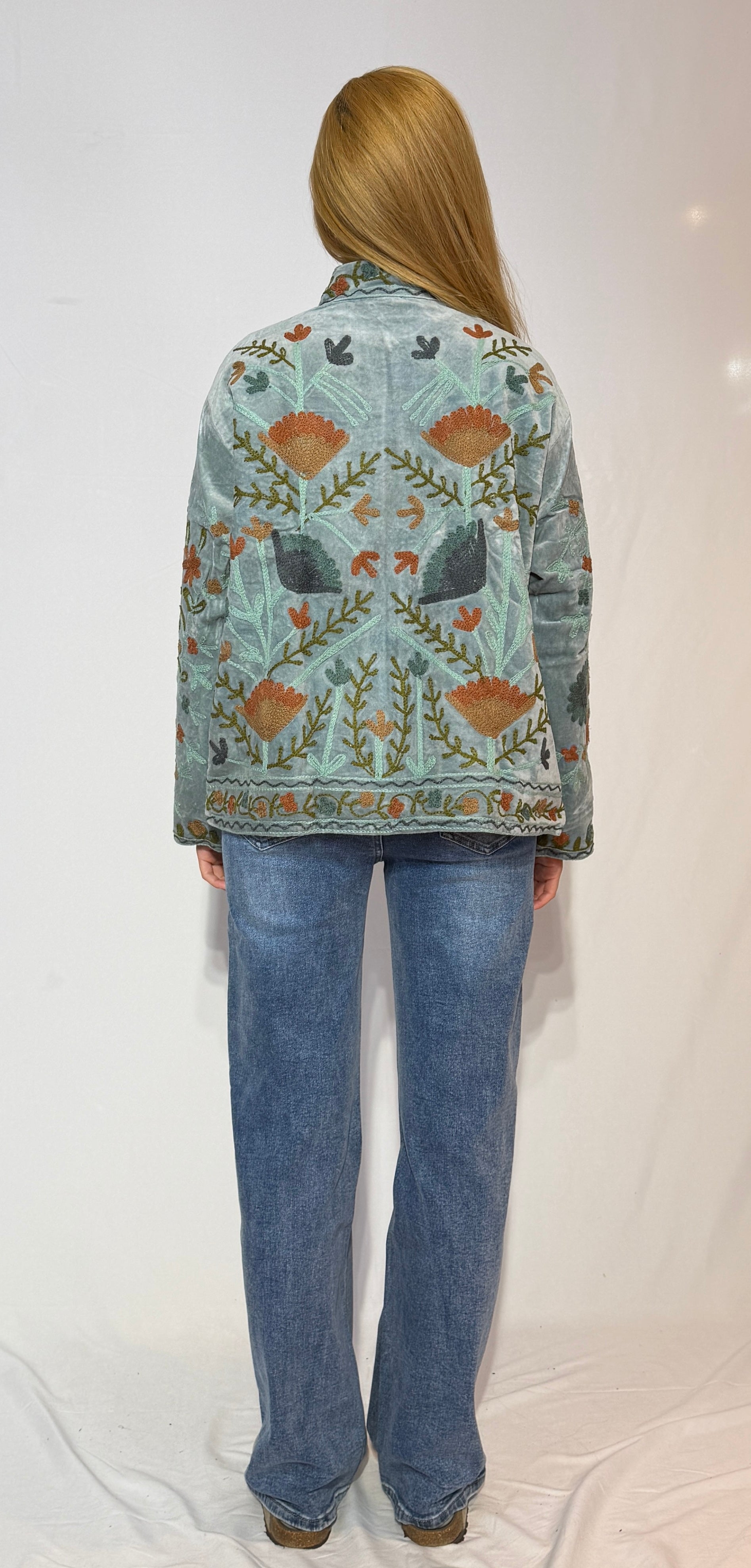 Suzani Hand-Embroidered Velvet Jacket – Mist Blue Wild Meadow