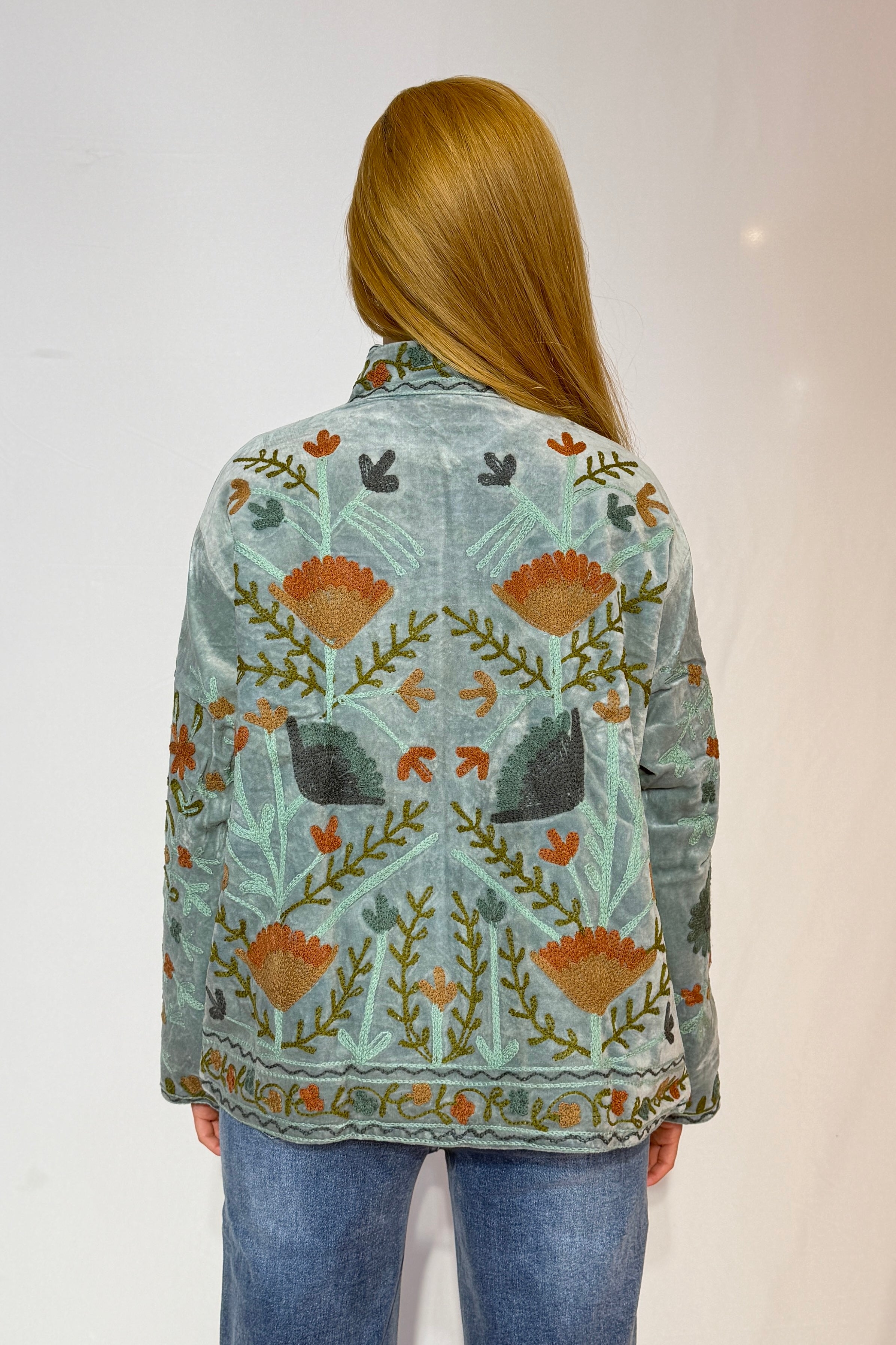 Suzani Hand-Embroidered Velvet Jacket – Mist Blue Wild Meadow