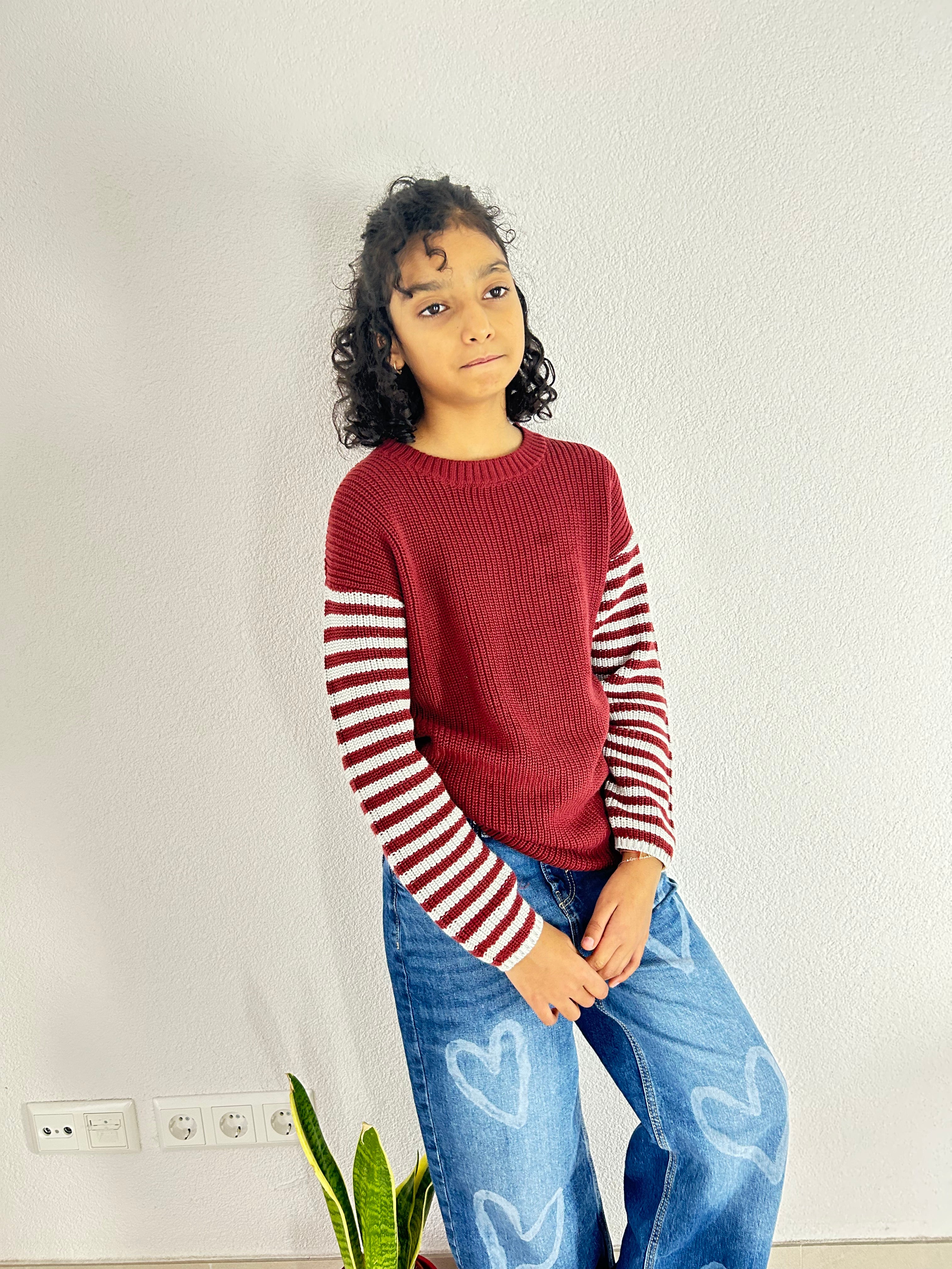 Berry Stripe Organic Cotton Knit Pullover - Kids Relaxed Fit