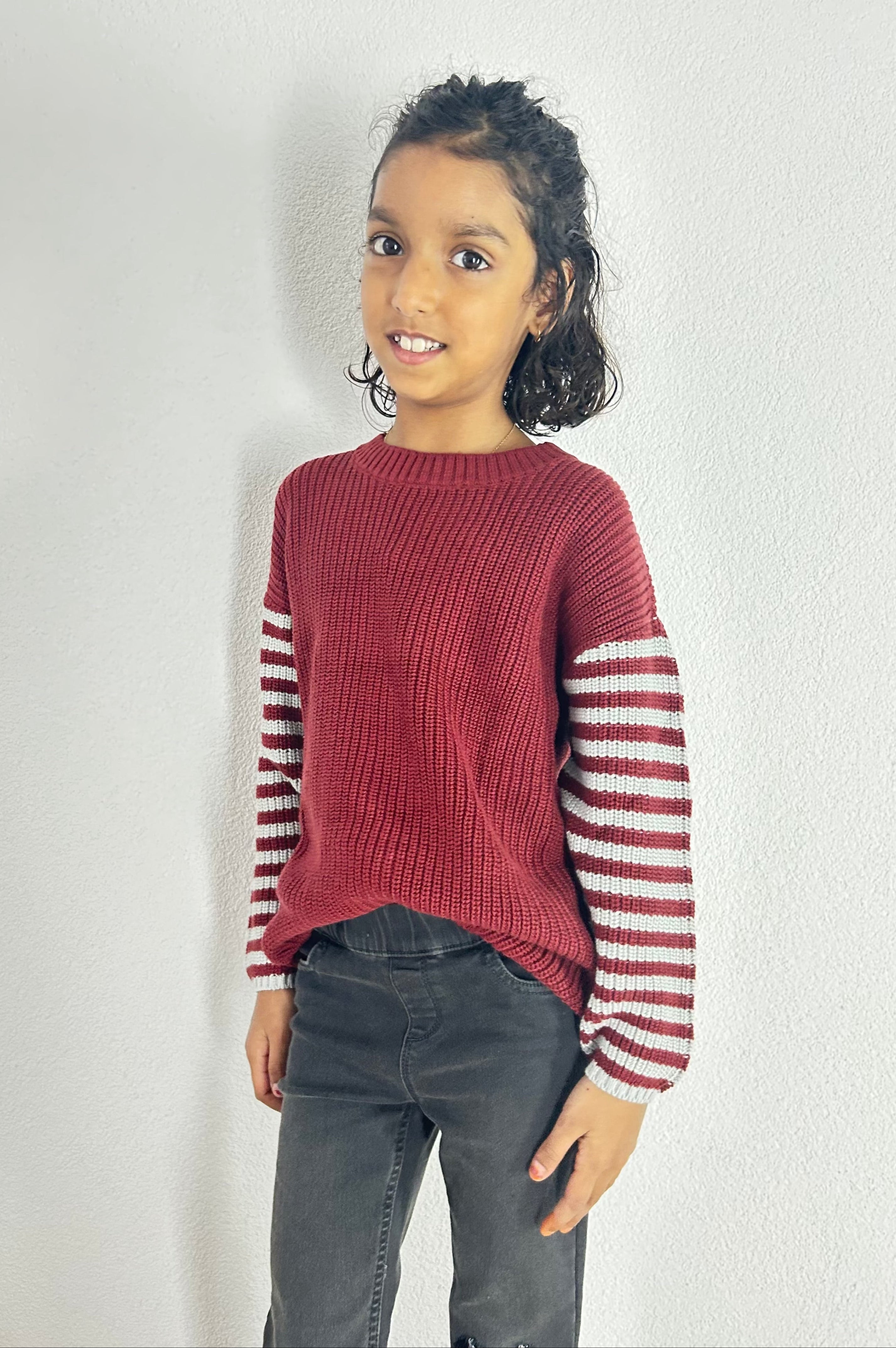 Berry Stripe Organic Cotton Knit Pullover - Kids Relaxed Fit