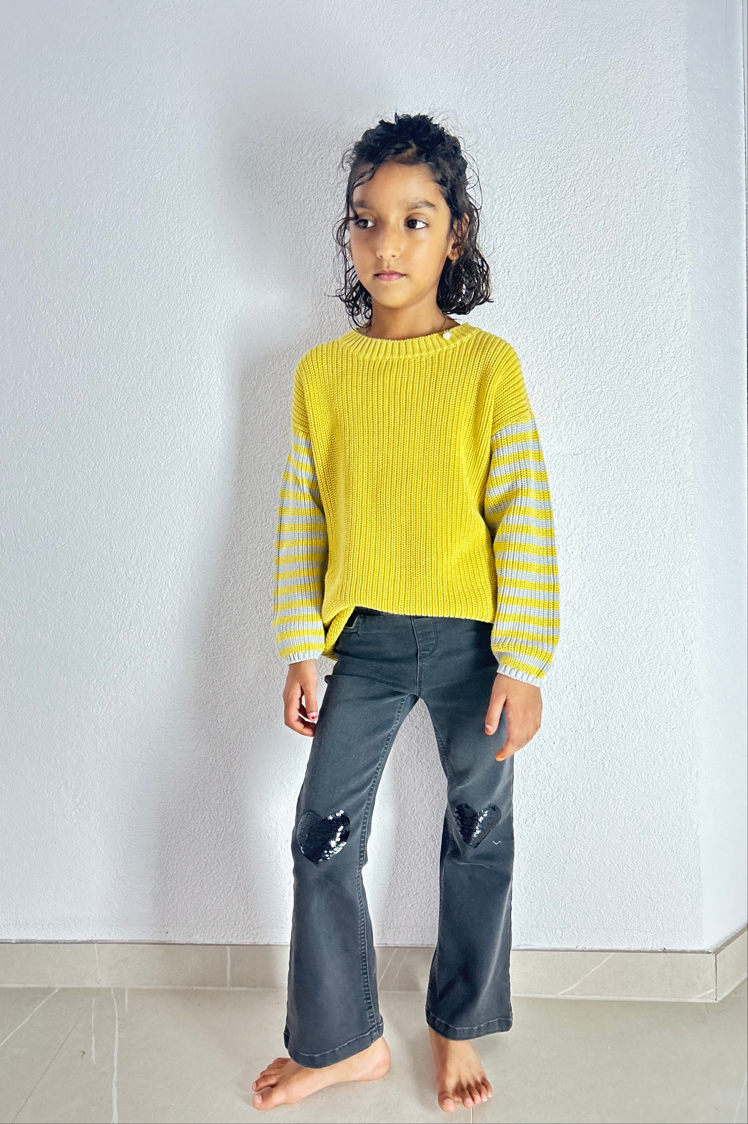 Yellow with Gray Stripe Organic Cotton Knit Pullover - Kids Relaxed Fit