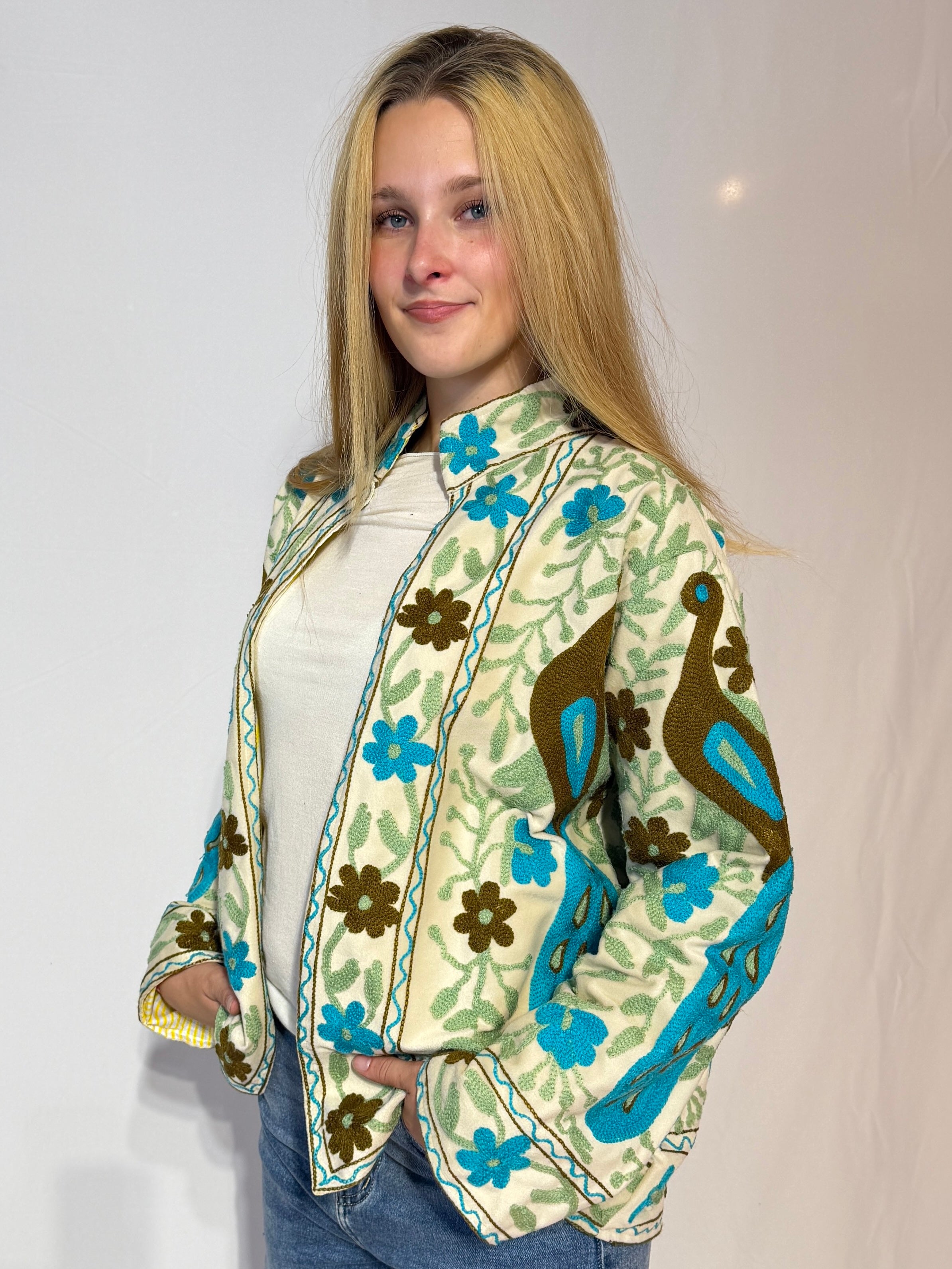 Hand-Embroidered Suzani Jacket – Ivory Peacock & Turquoise Bloom