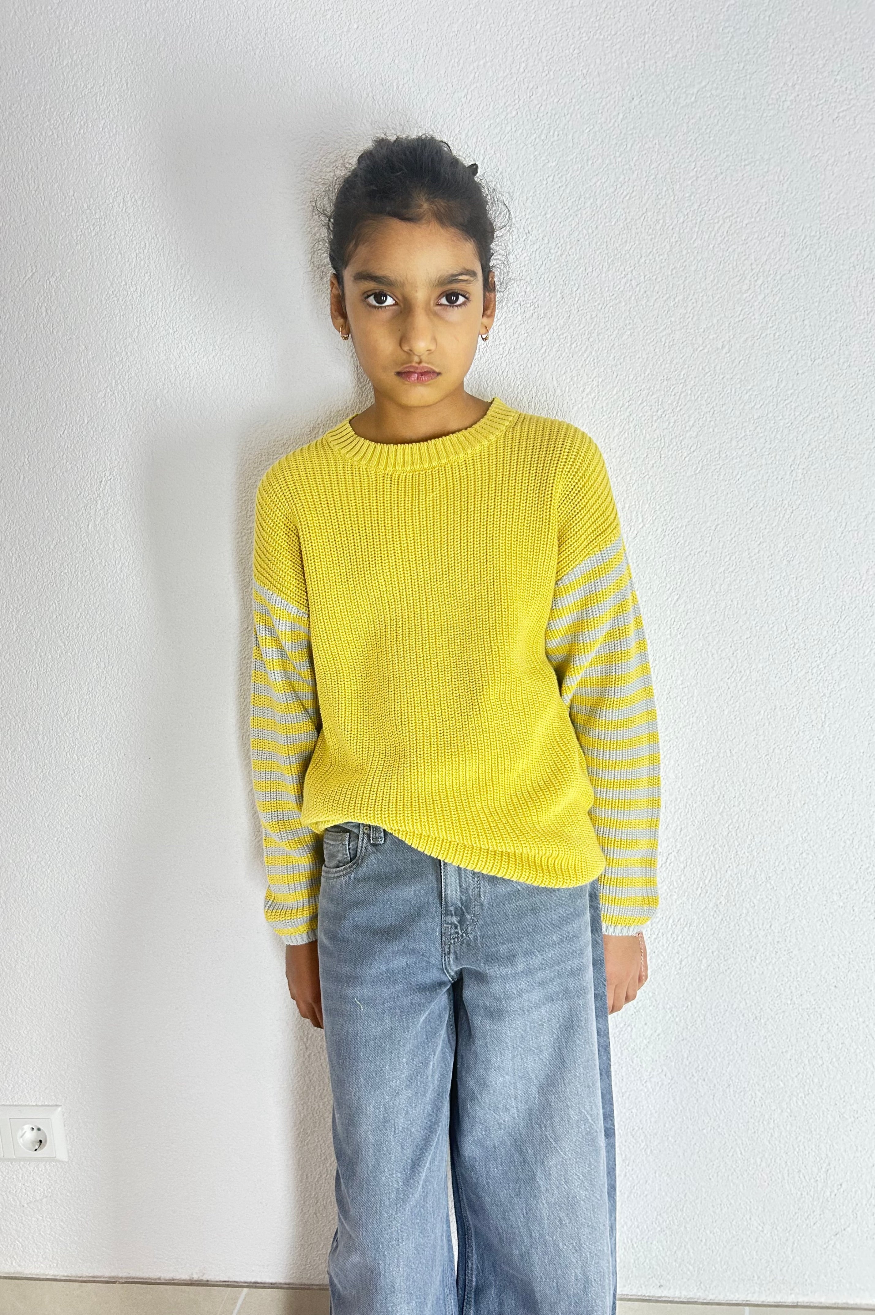 Yellow with Gray Stripe Organic Cotton Knit Pullover - Kids Relaxed Fit