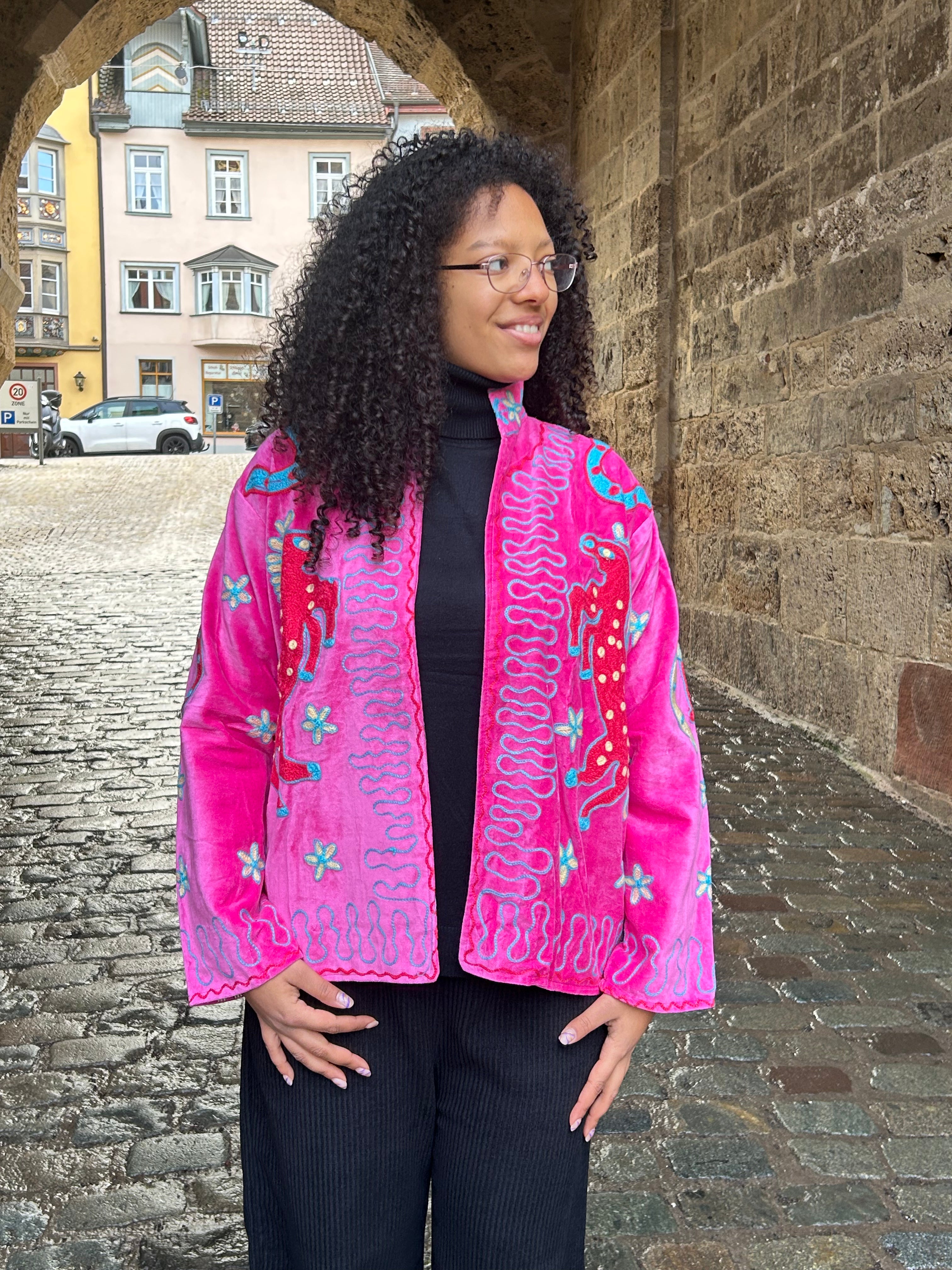 Sugar-Pink Hand-Embroidered Velvet Suzani Jacket