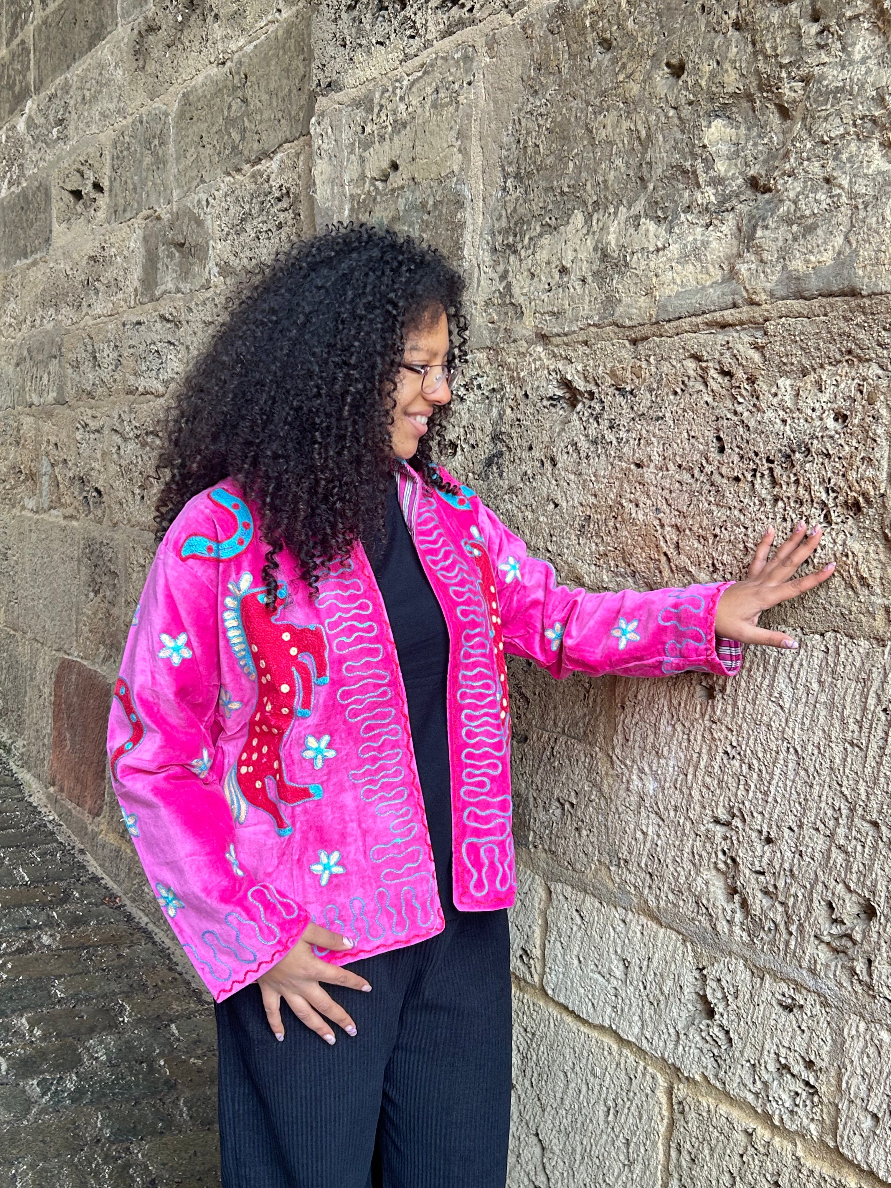 Sugar-Pink Hand-Embroidered Velvet Suzani Jacket