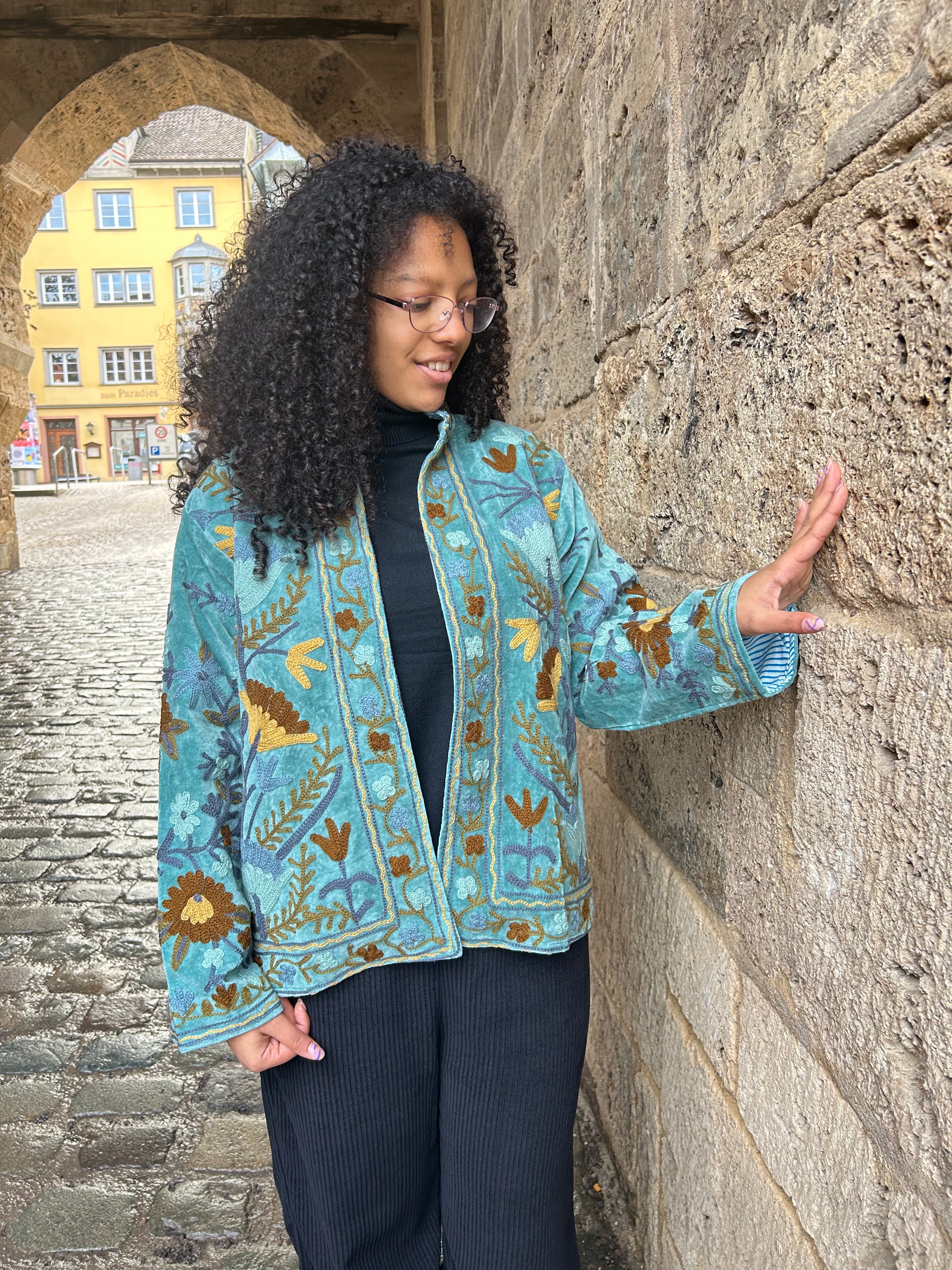 Turquoise Mist Hand-Embroidered Velvet Suzani Jacket