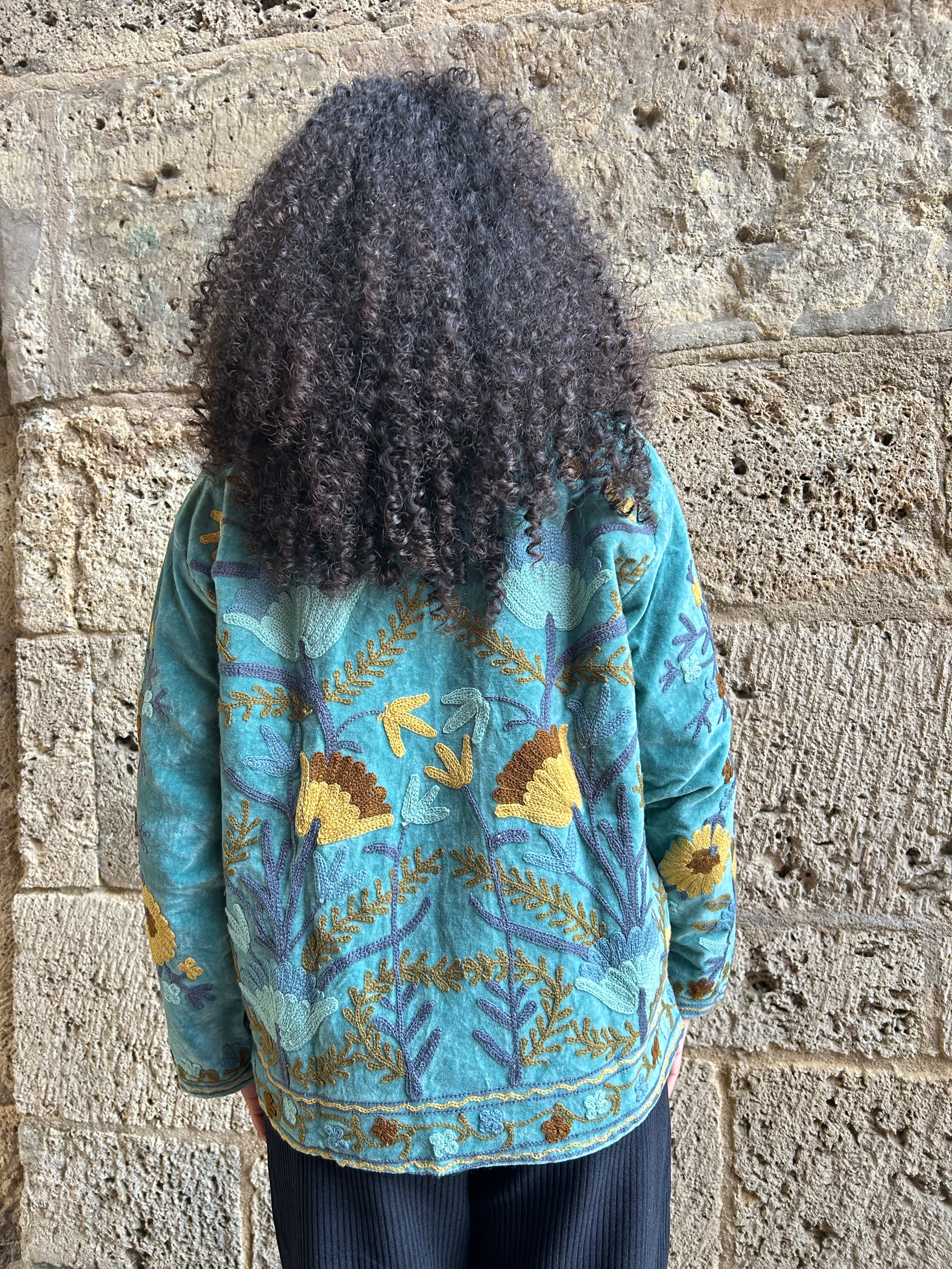 Turquoise Mist Hand-Embroidered Velvet Suzani Jacket