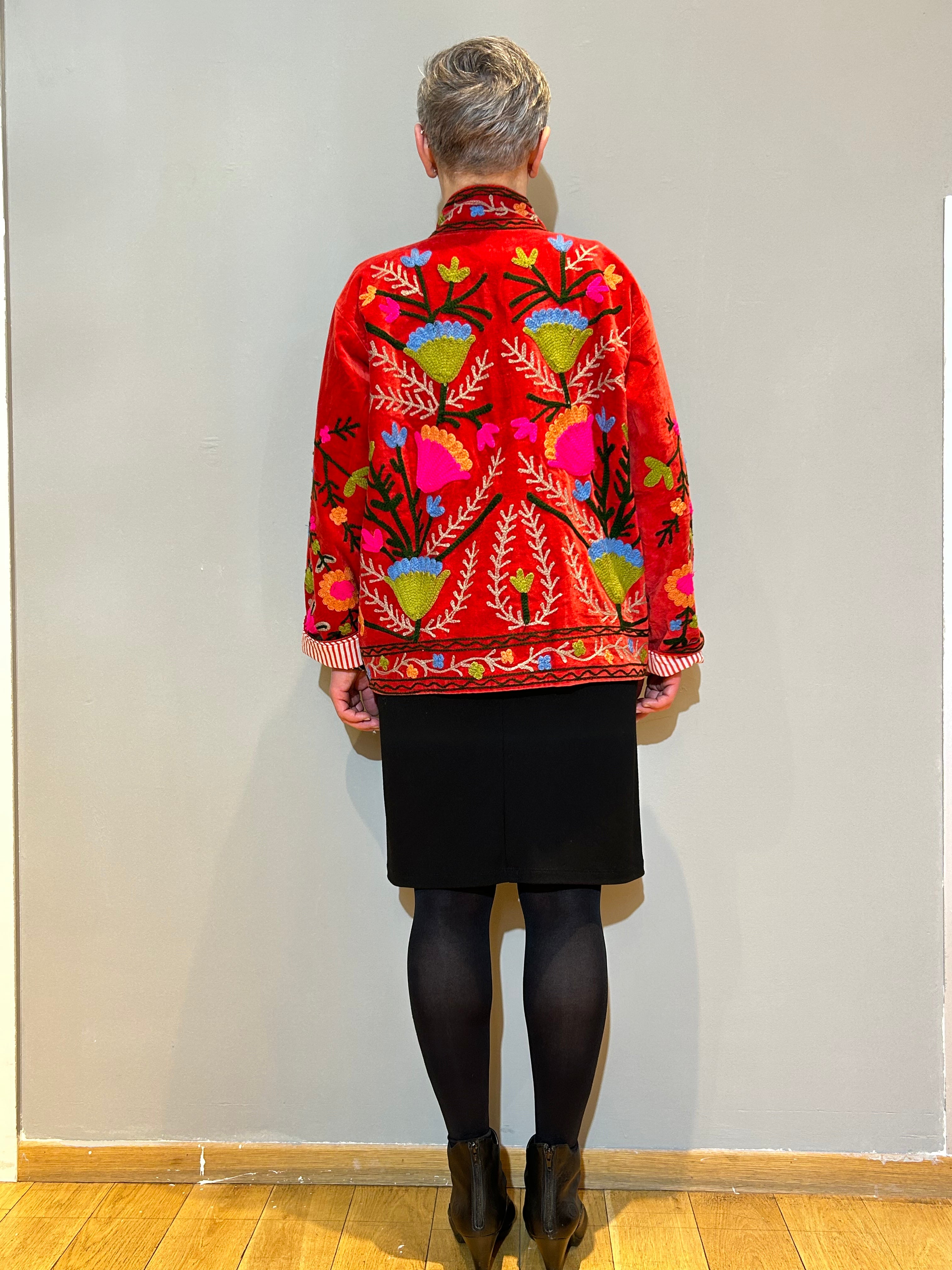 Pomegranate Red Hand-Embroidered Velvet Suzani Jacket