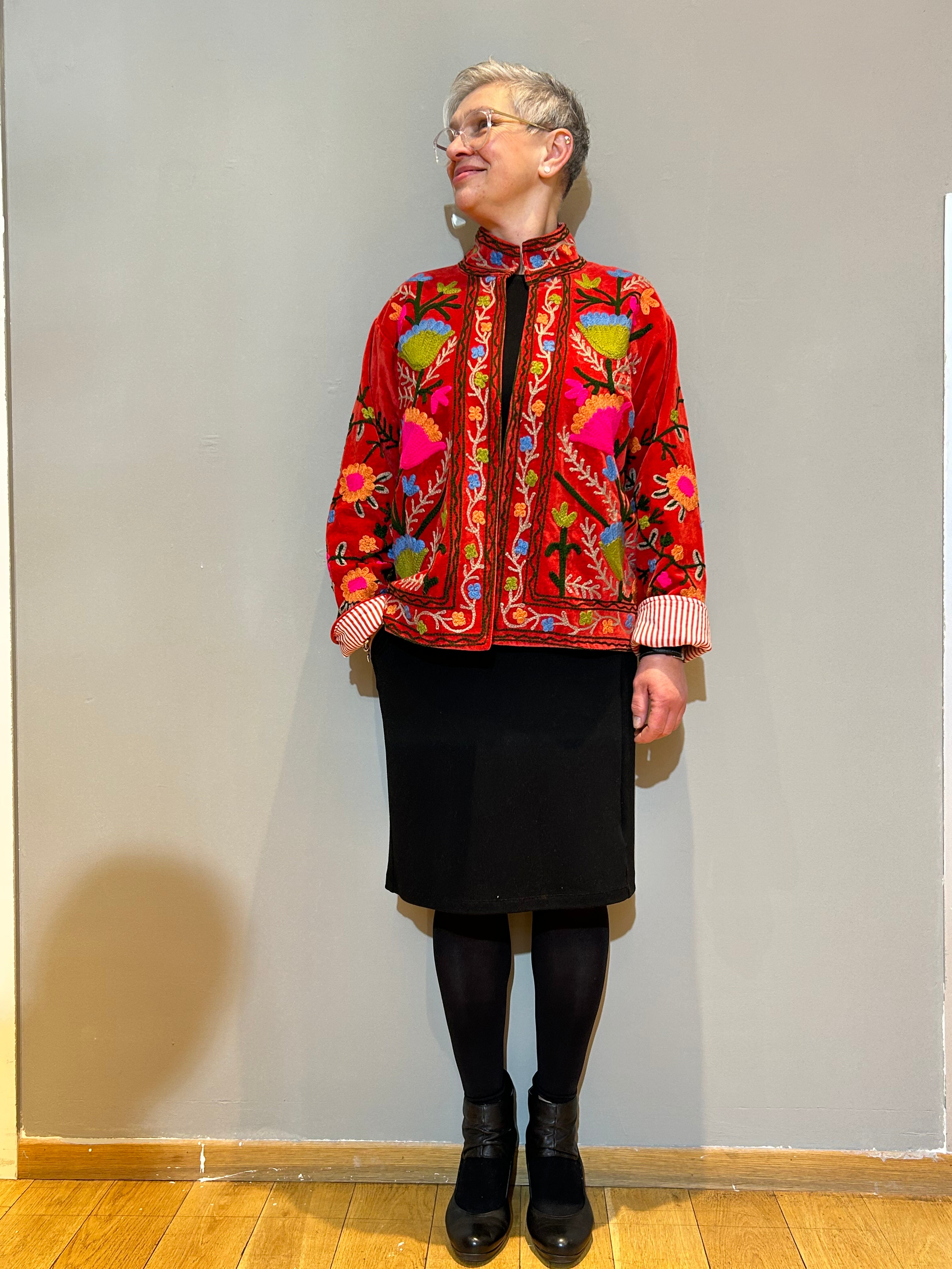 Pomegranate Red Hand-Embroidered Velvet Suzani Jacket