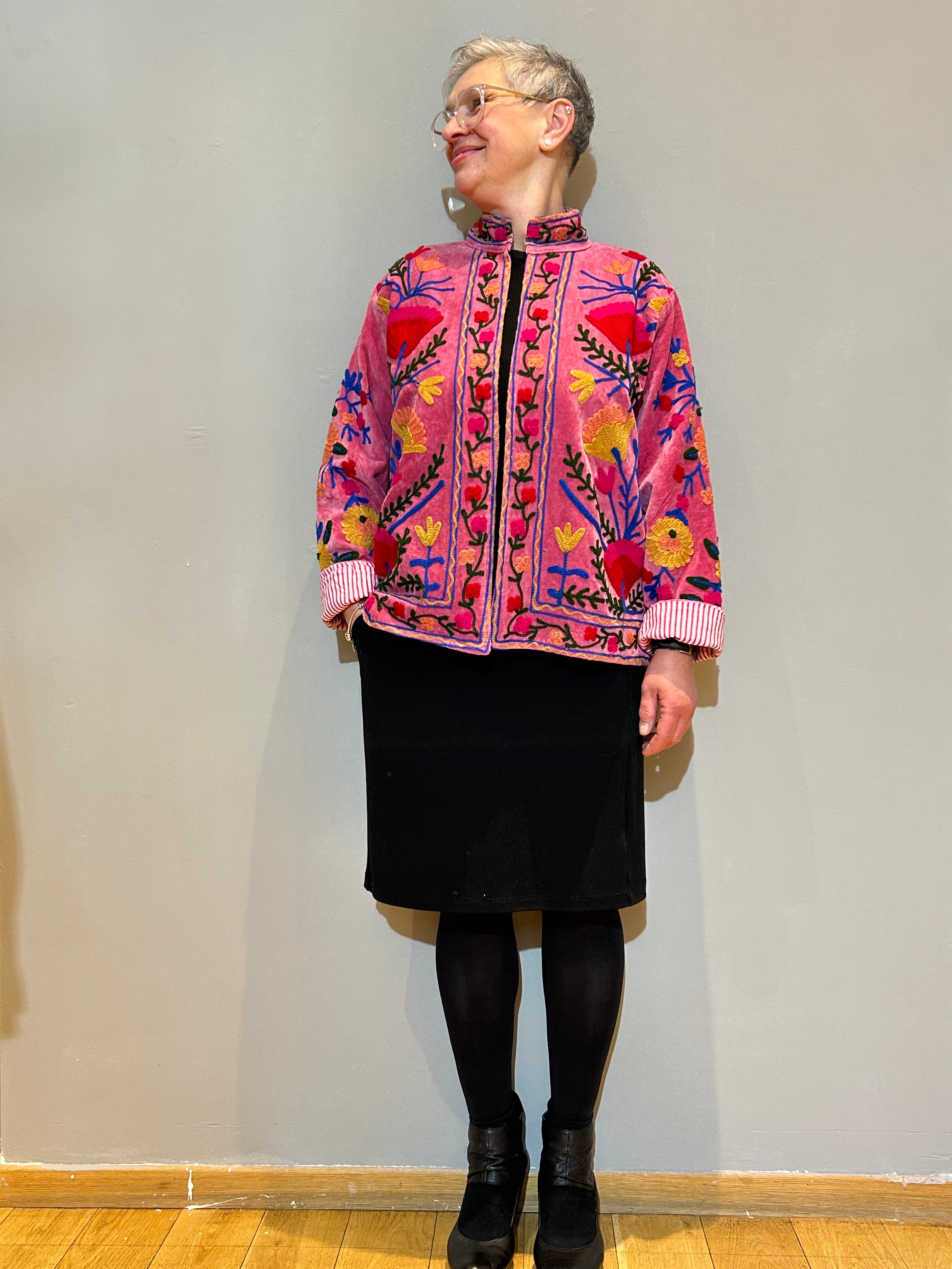Vivid Peony Hand-Embroidered Velvet Suzani Jacket