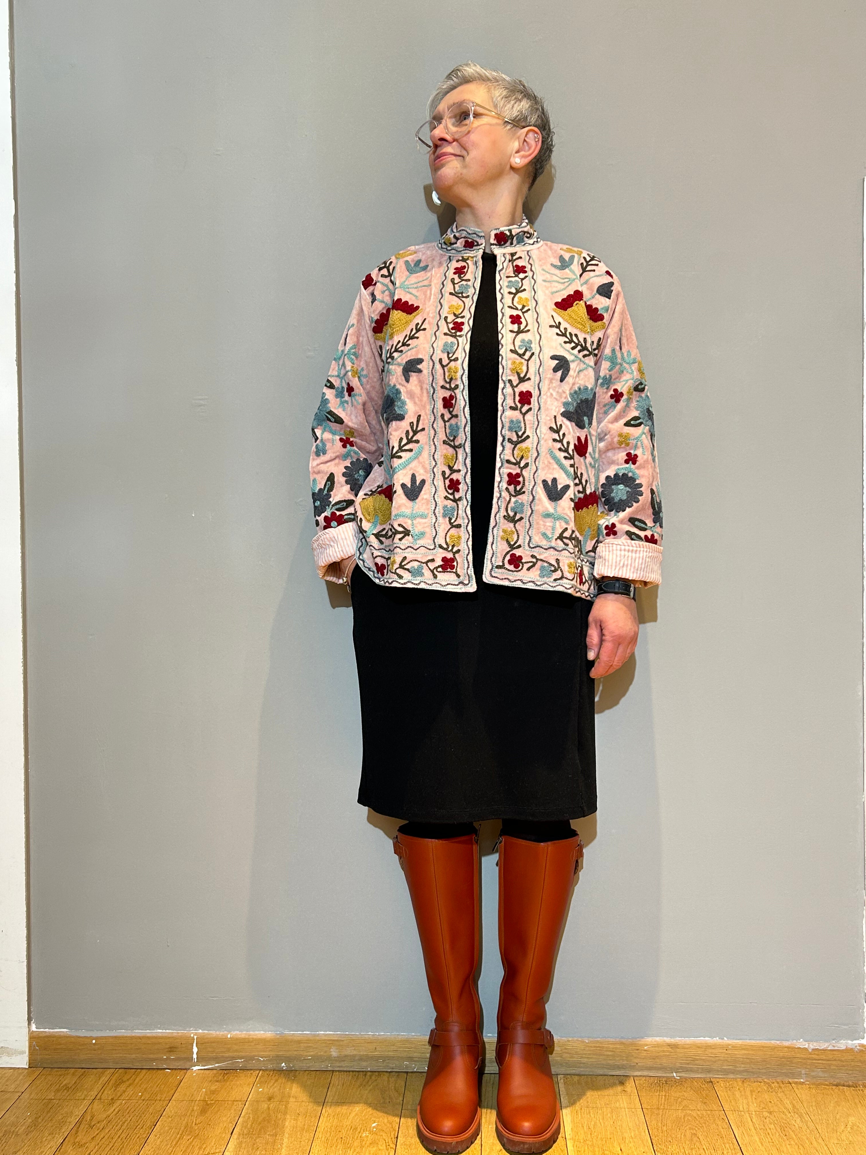 Smoky Petal Hand-Embroidered Velvet Suzani Jacket