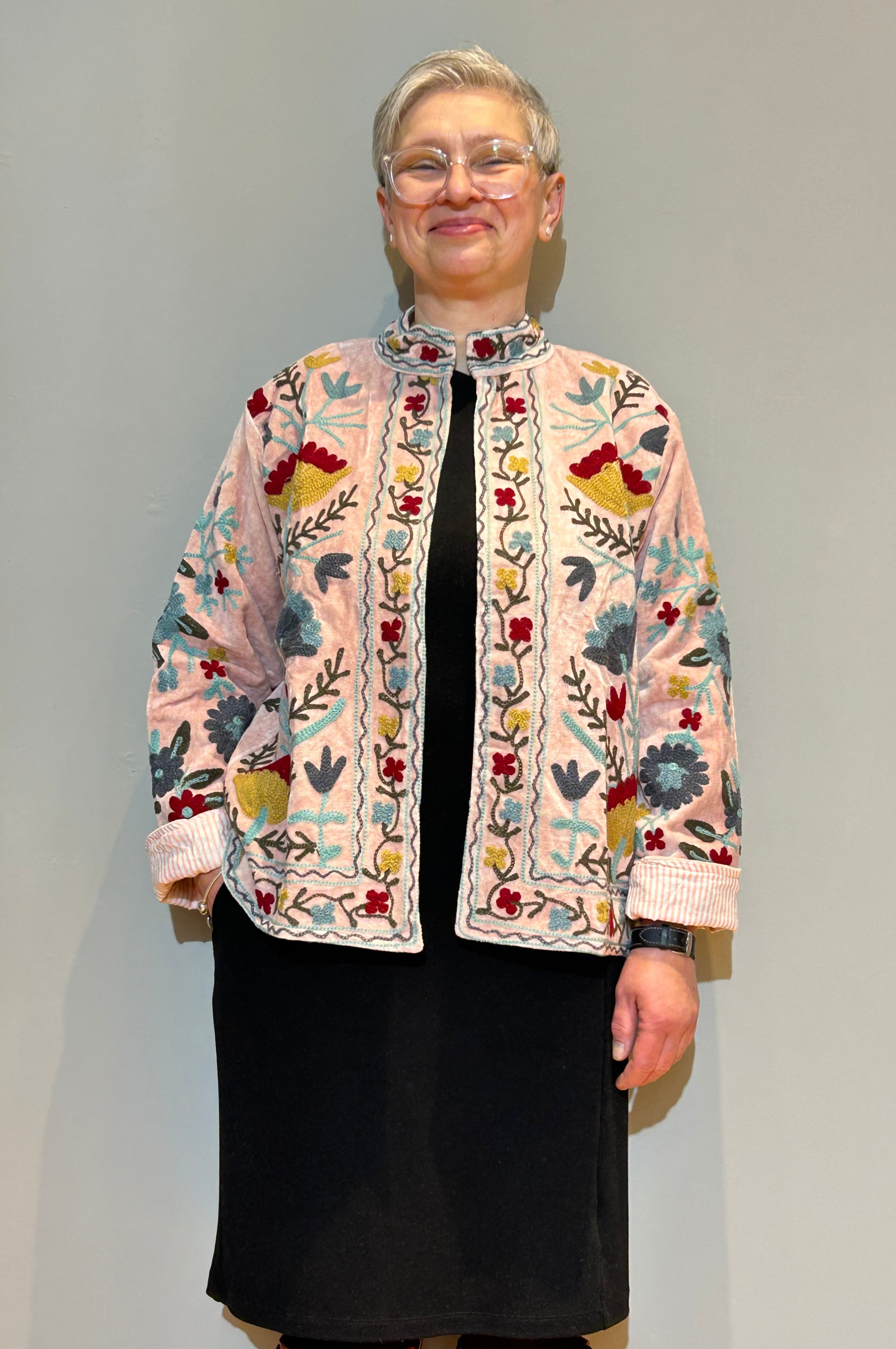 Smoky Petal Hand-Embroidered Velvet Suzani Jacket