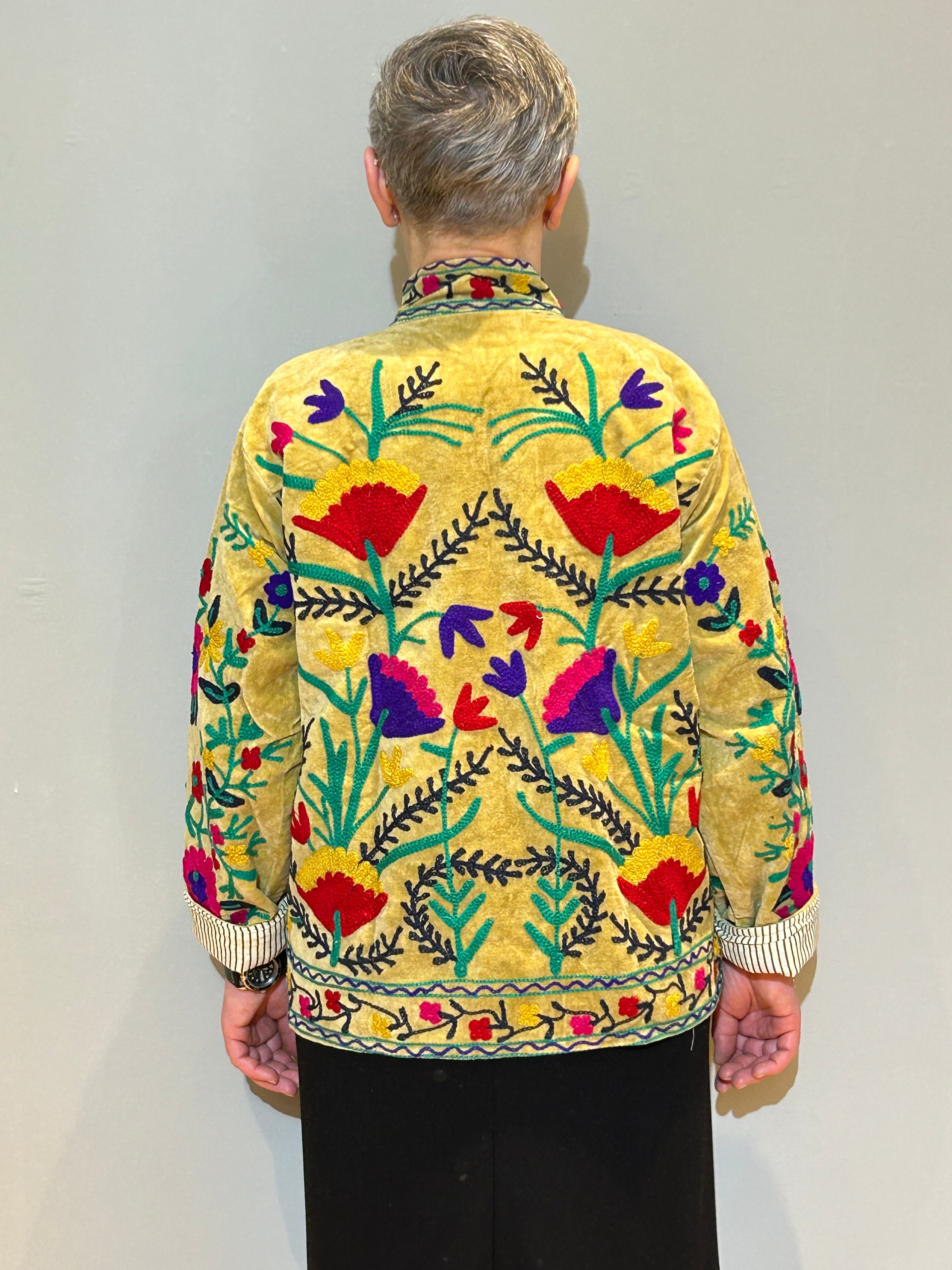 Imperial Yellow Hand-Embroidered Velvet Suzani Jacket