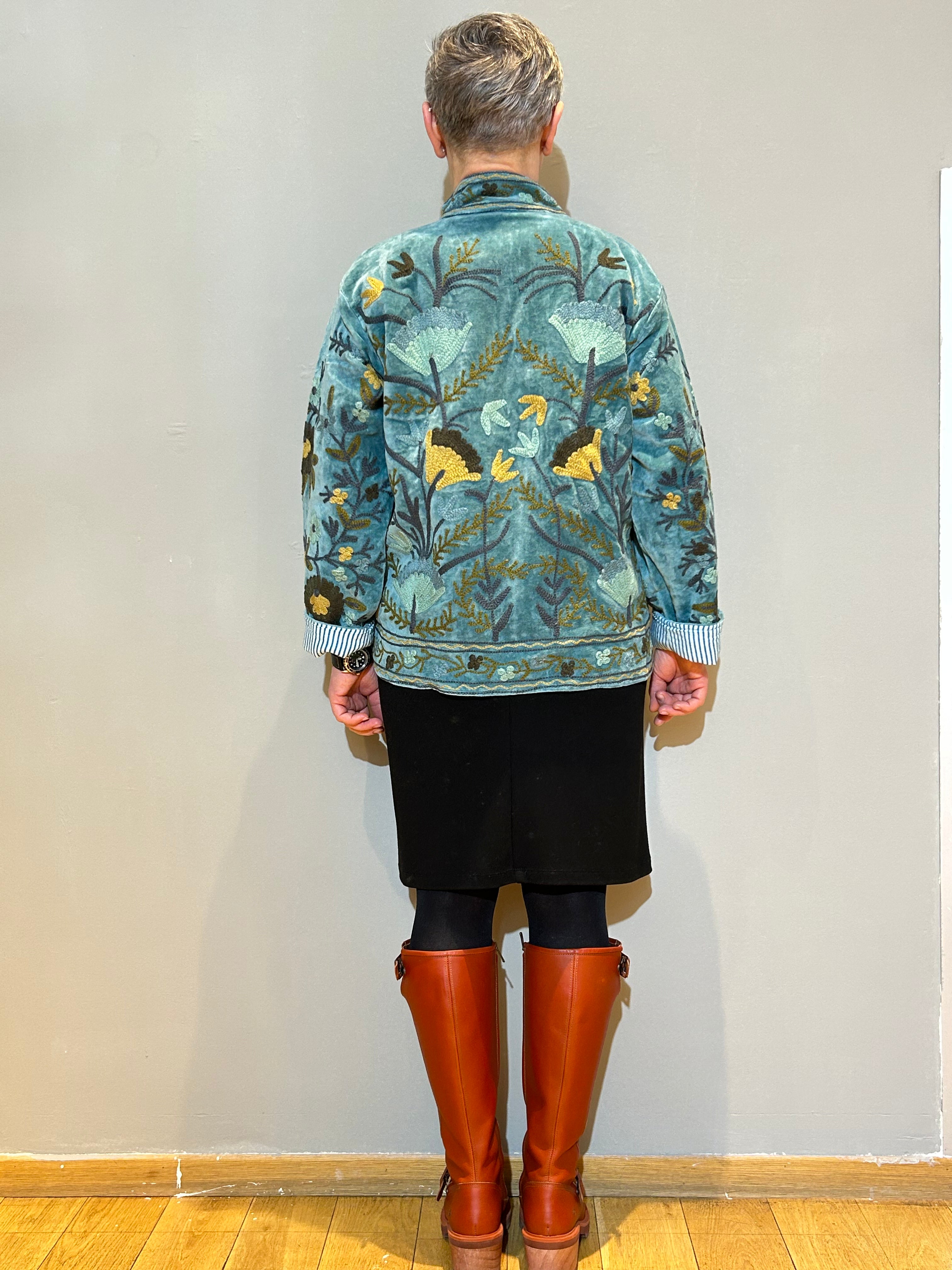 Turquoise Mist Hand-Embroidered Velvet Suzani Jacket