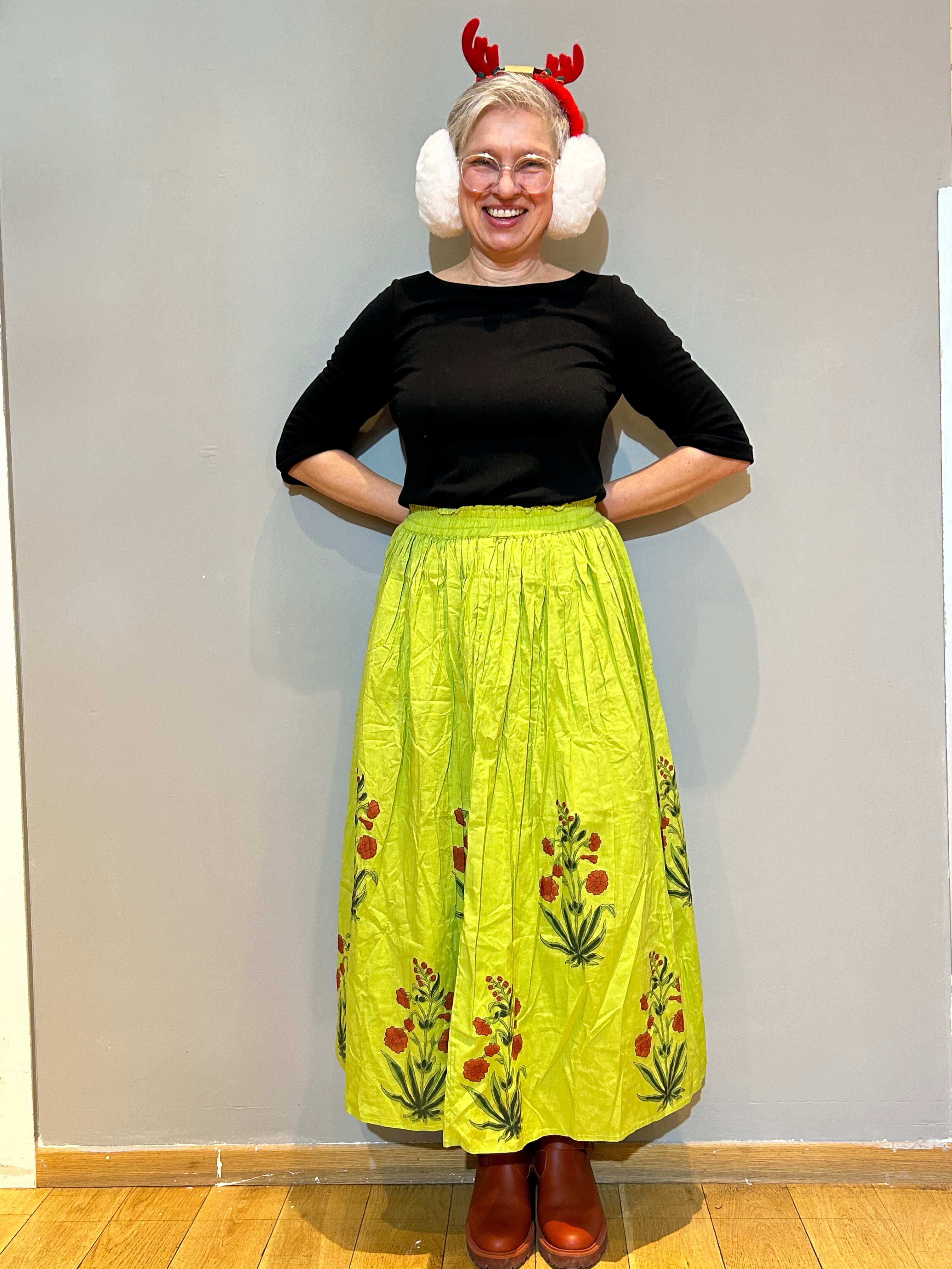 Spring Green Floral Hand Block Printed Skirt