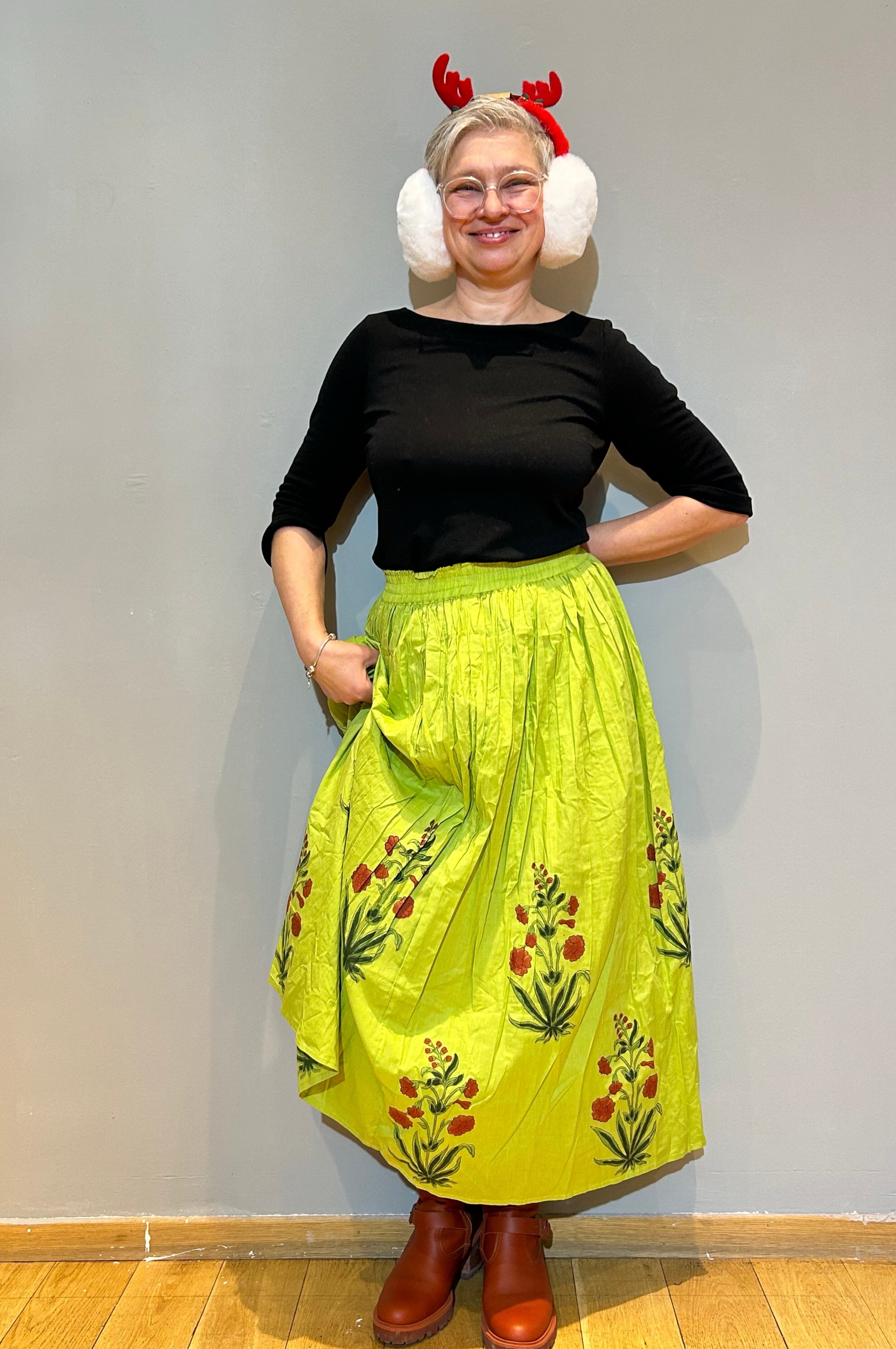 Spring Green Floral Hand Block Printed Skirt