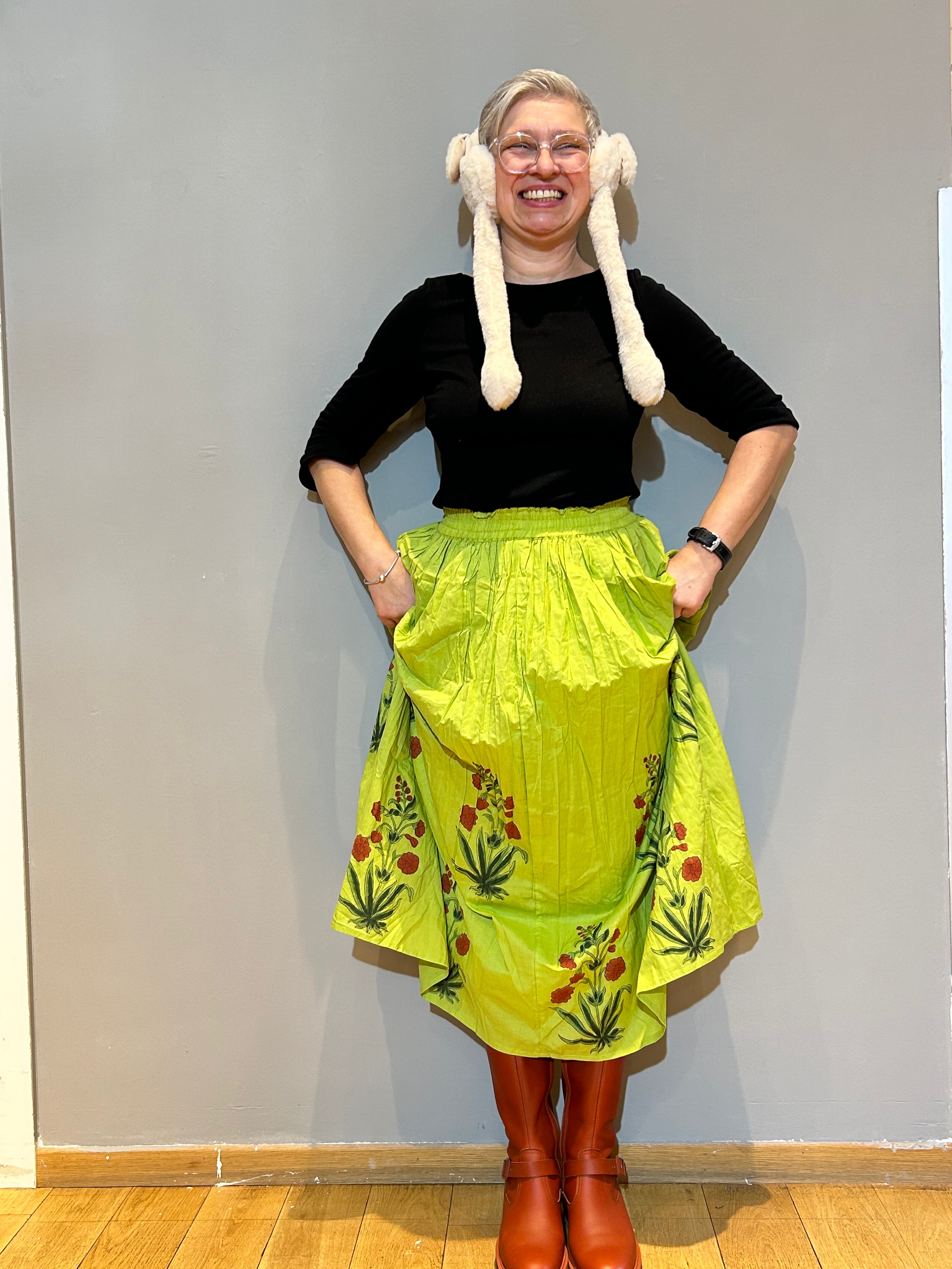 Spring Green Floral Hand Block Printed Skirt