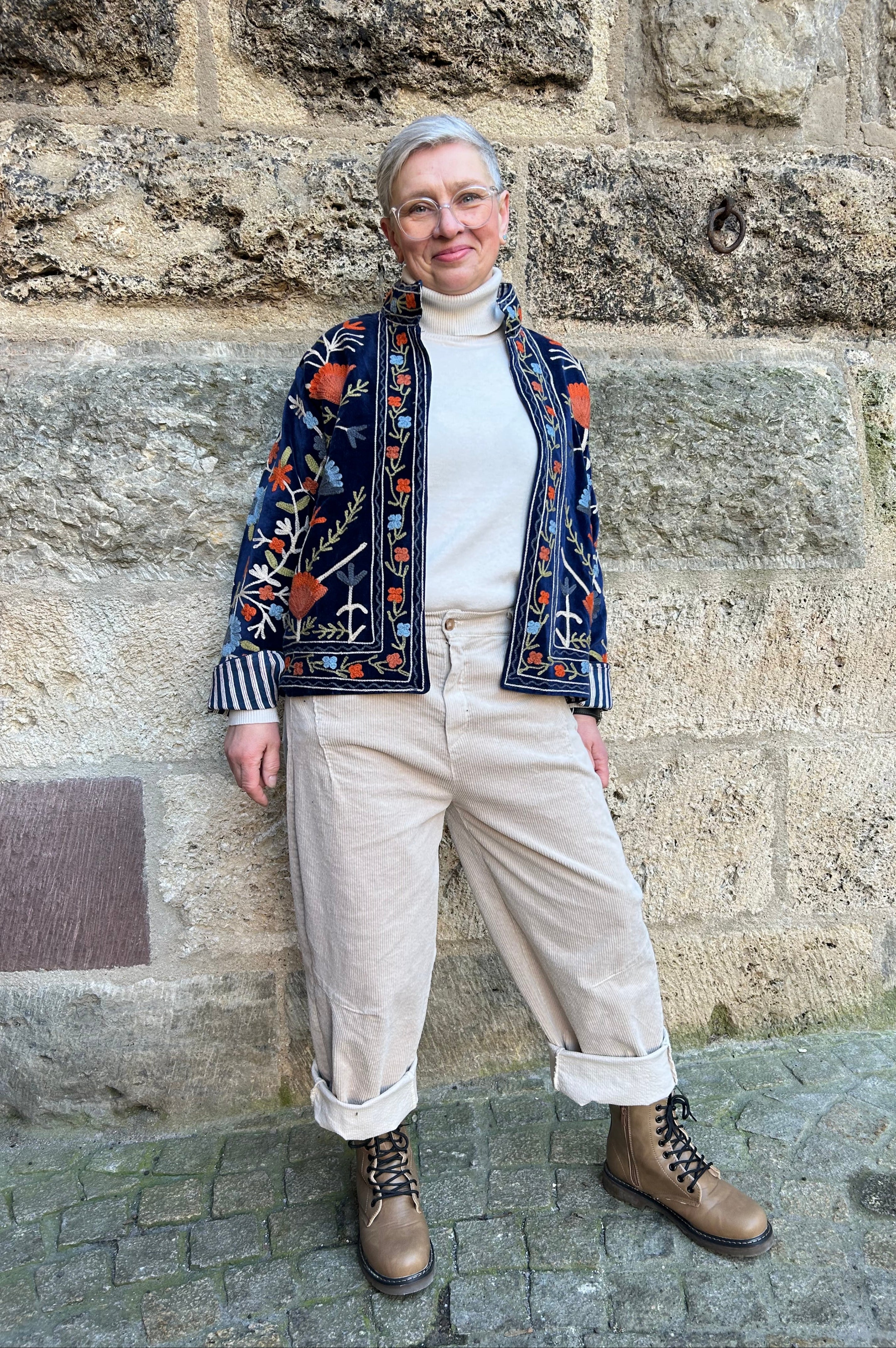 Velvet Suzani Hand-Embroidered Jacket - Navy Blue