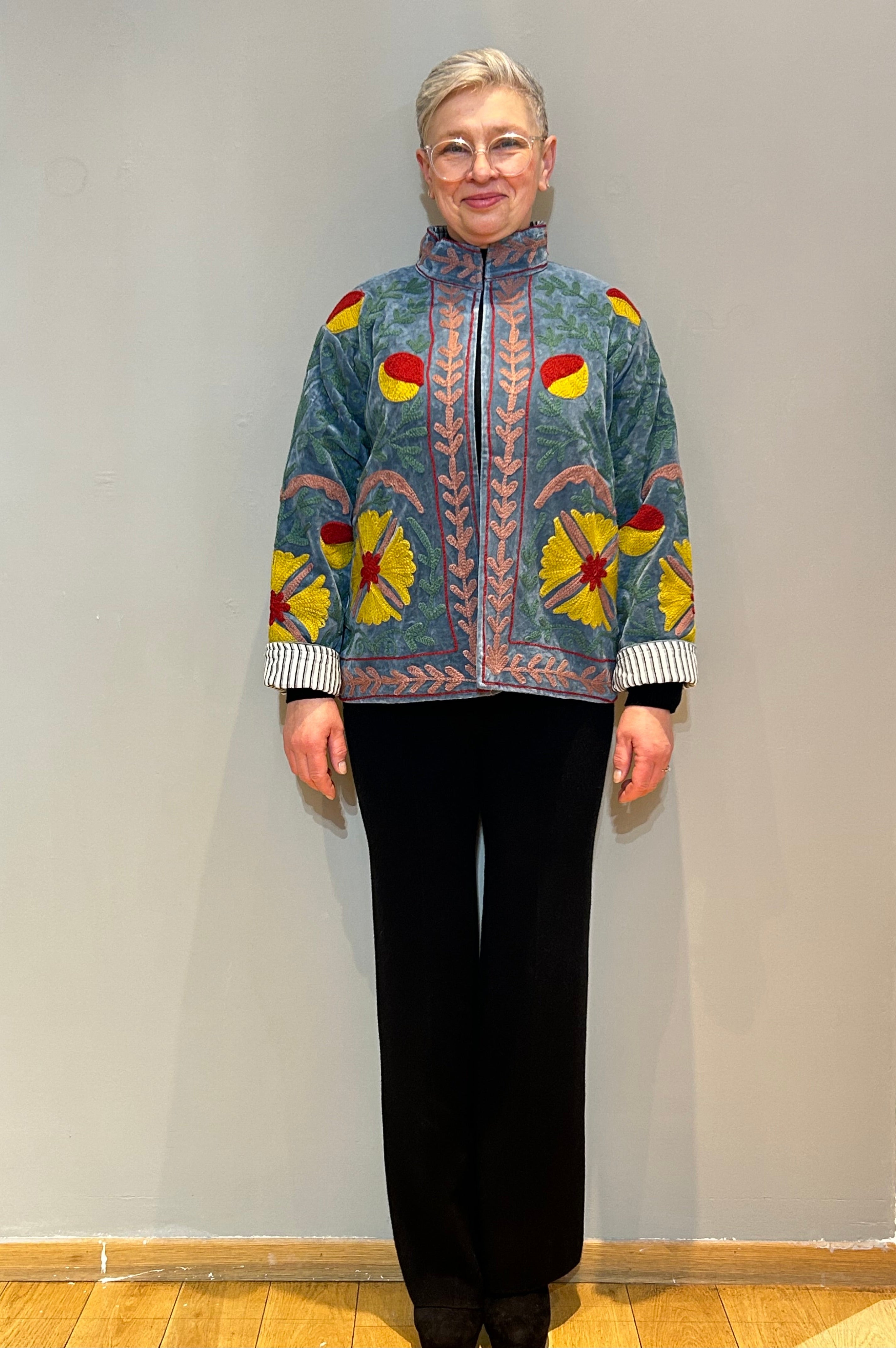 Velvet Suzani Hand-Embroidered Jacket - Ash Turquoise