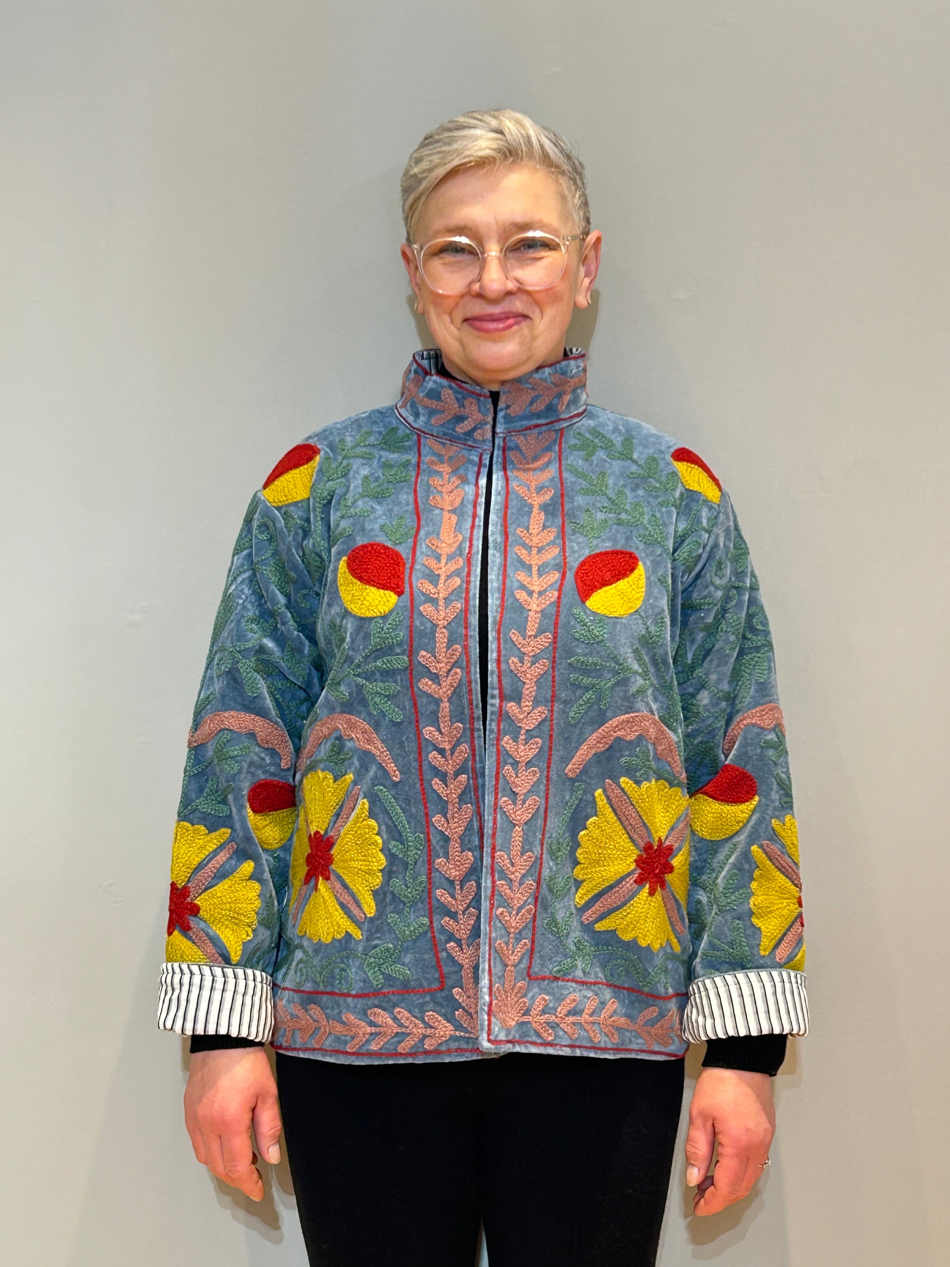 Velvet Suzani Hand-Embroidered Jacket - Ash Turquoise