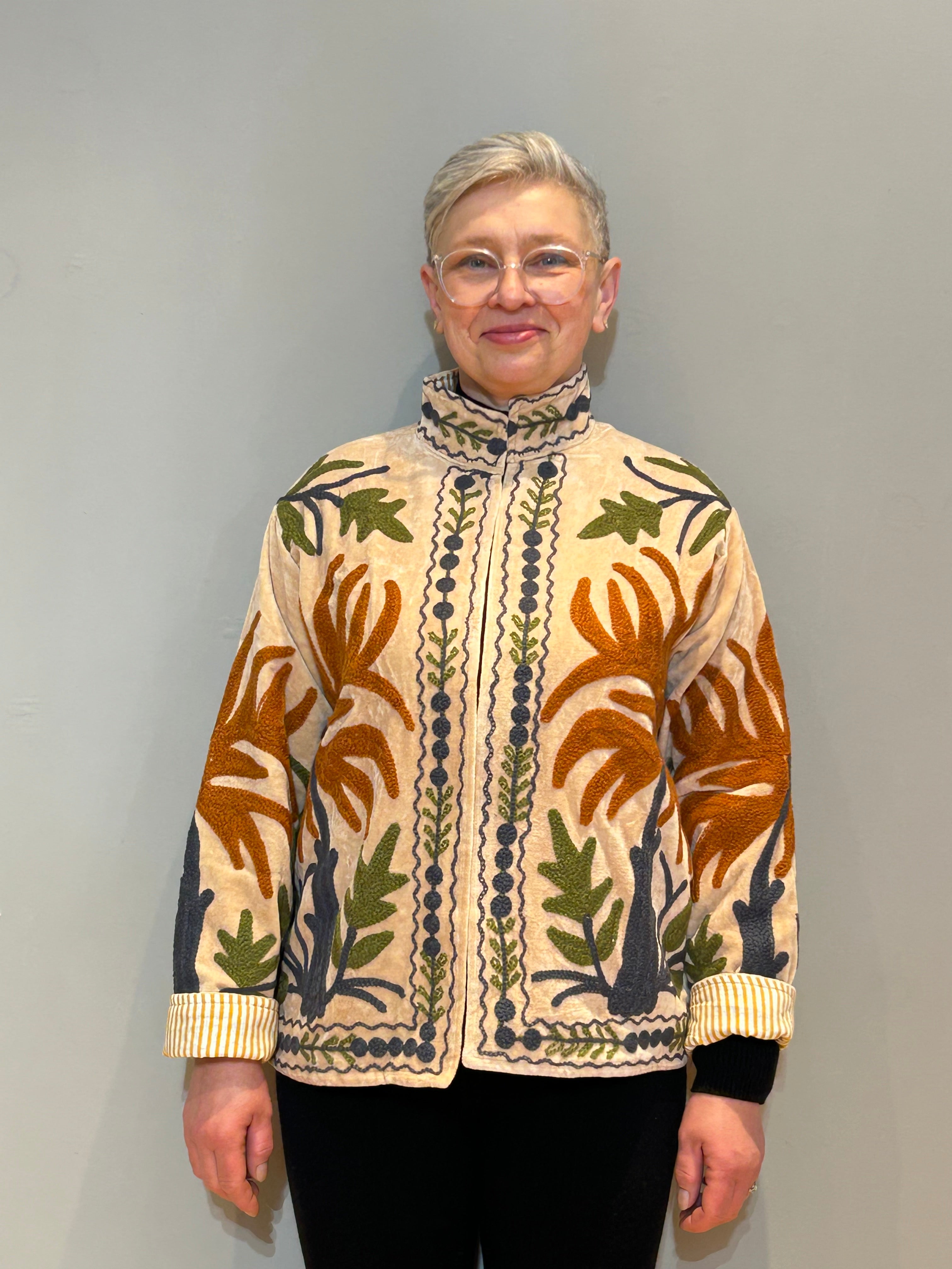 Velvet Suzani Hand-Embroidered Jacket - Coral Beige