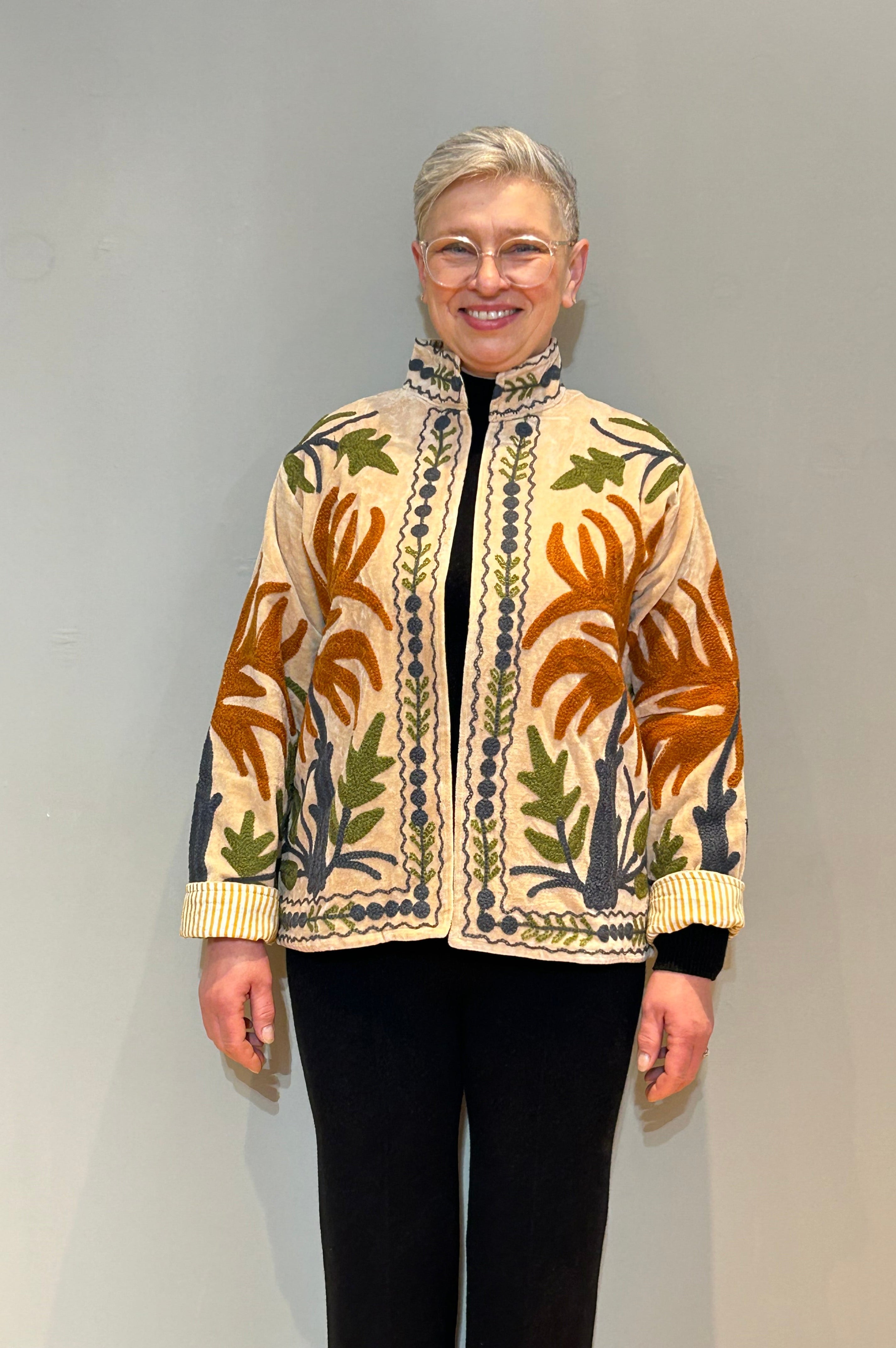 Velvet Suzani Hand-Embroidered Jacket - Coral Beige