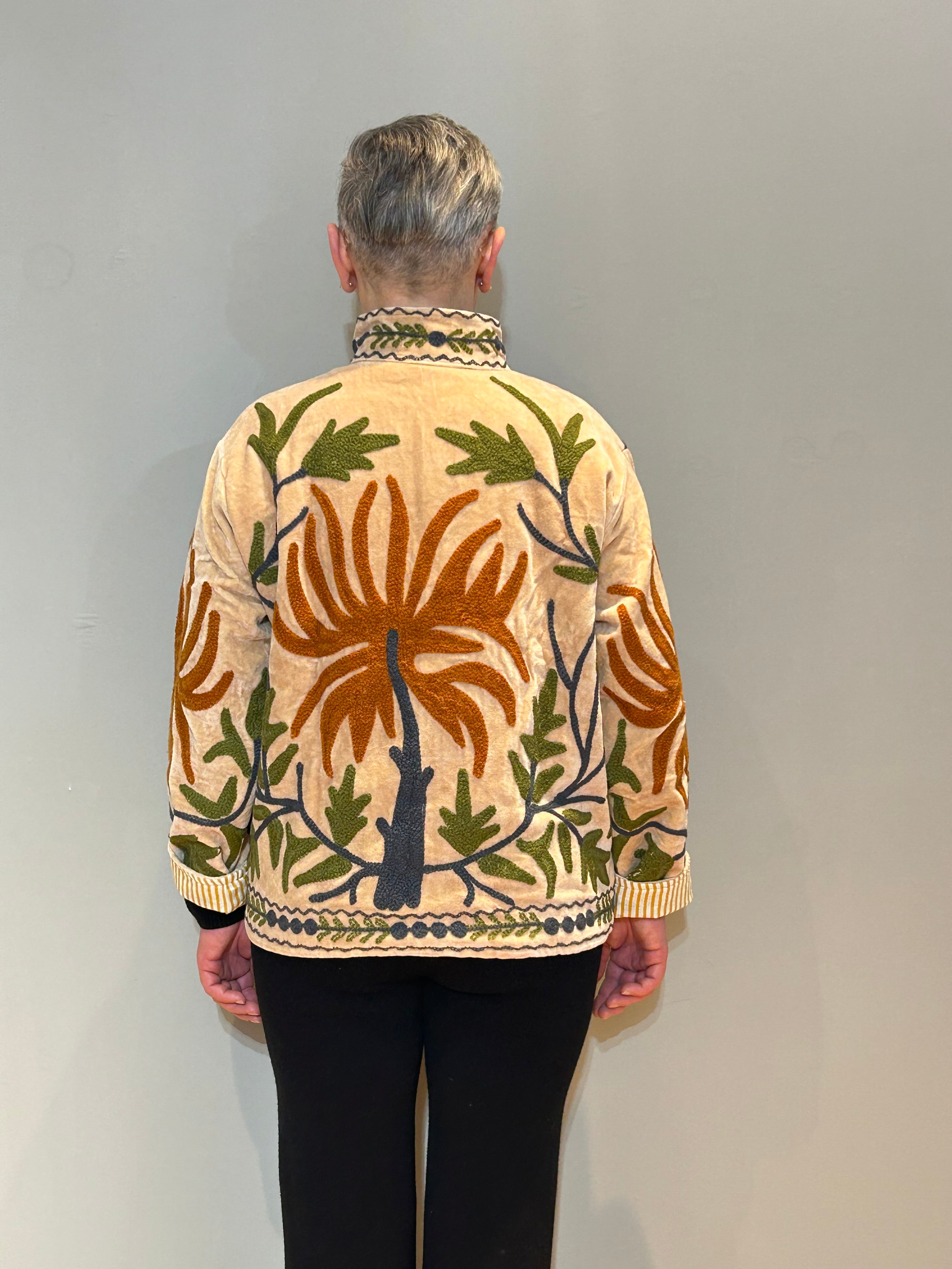 Velvet Suzani Hand-Embroidered Jacket - Coral Beige