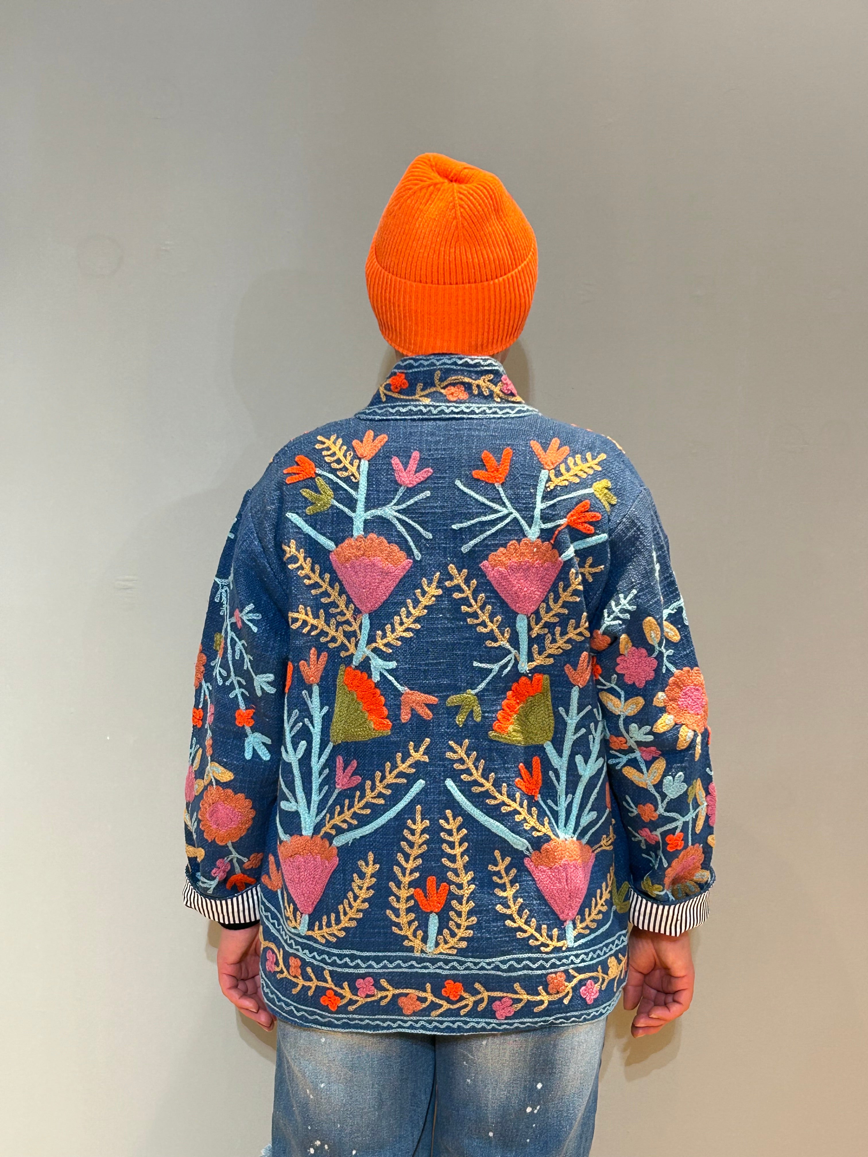 Cotton Suzani Hand-Embroidered Jacket - Aegean