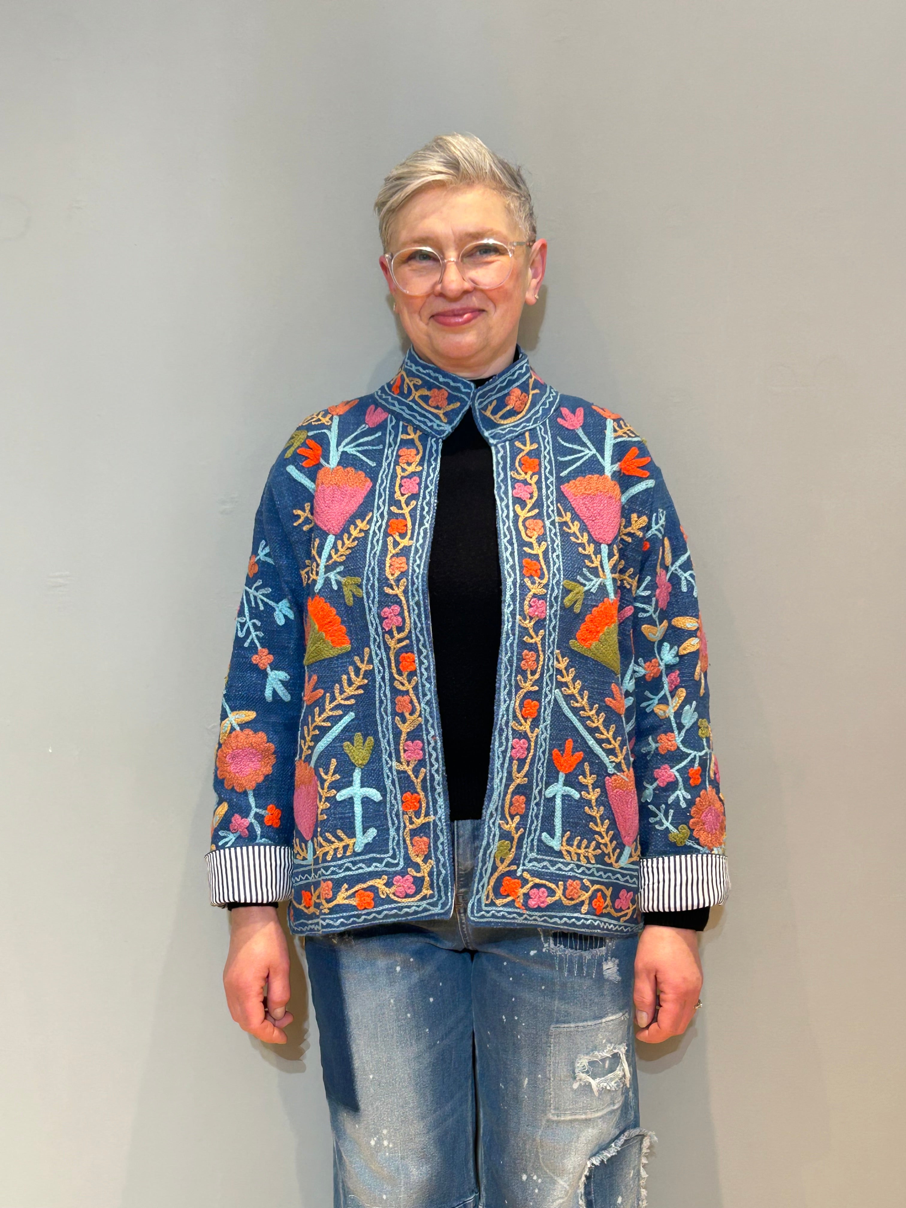 Cotton Suzani Hand-Embroidered Jacket - Aegean