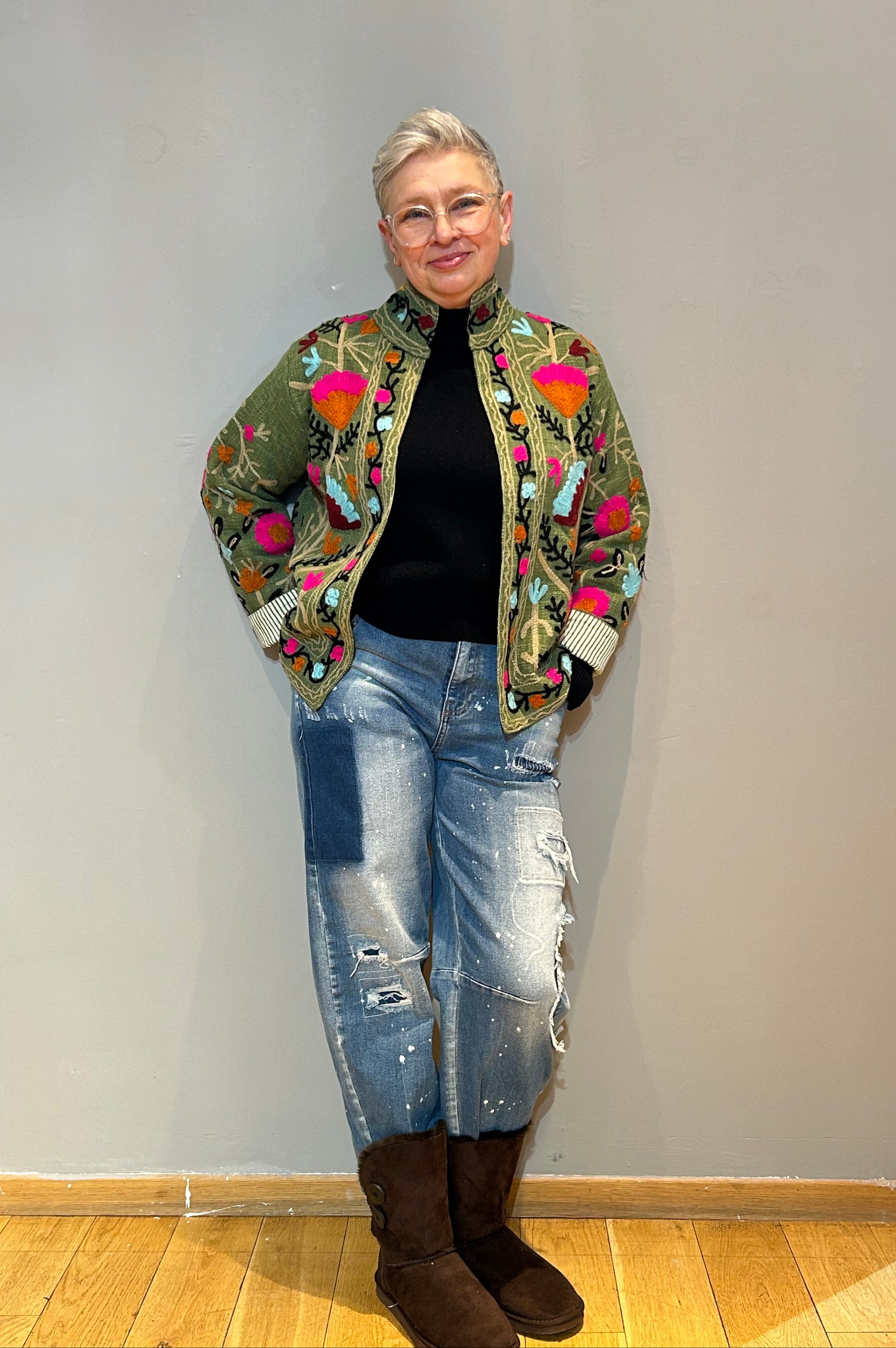 Cotton Suzani Hand-Embroidered Jacket - Olive