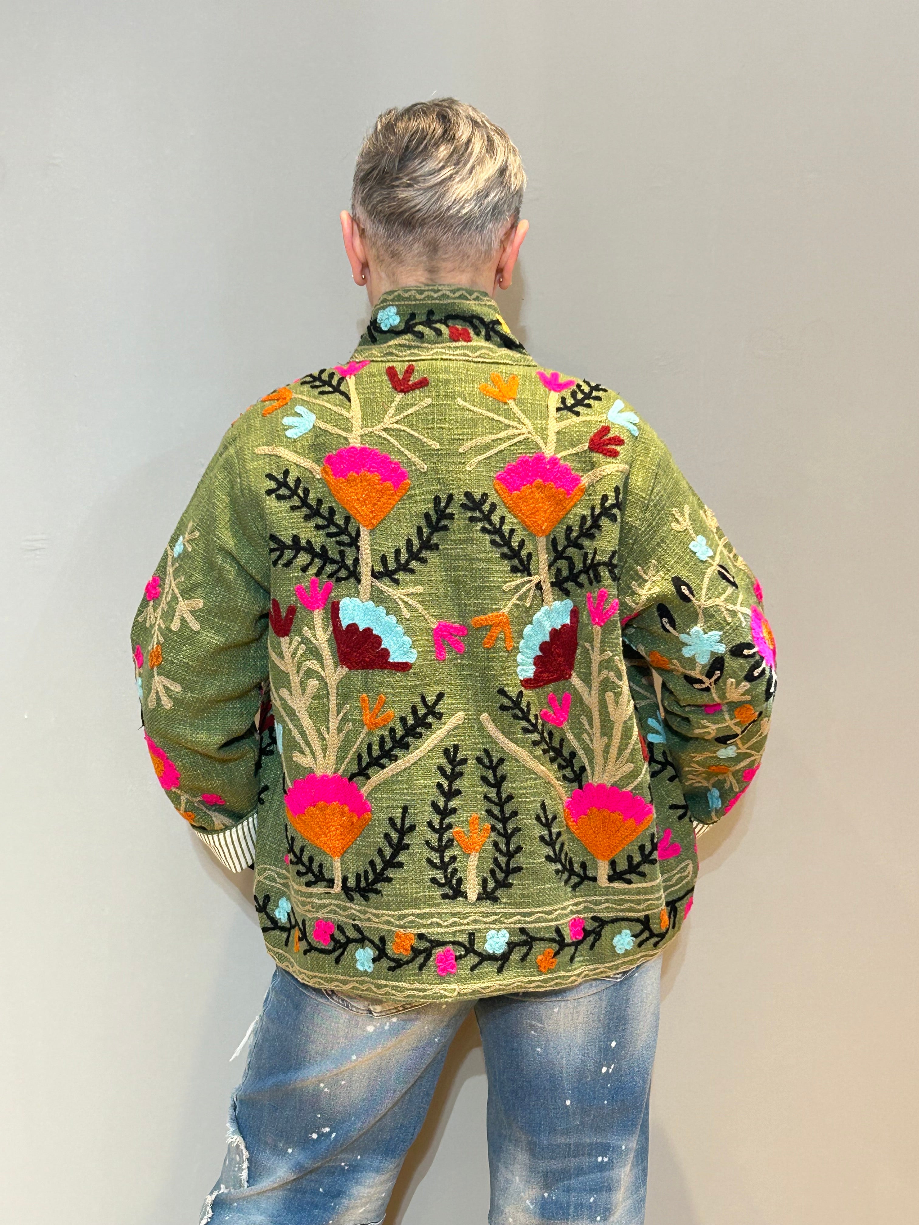 Cotton Suzani Hand-Embroidered Jacket - Olive
