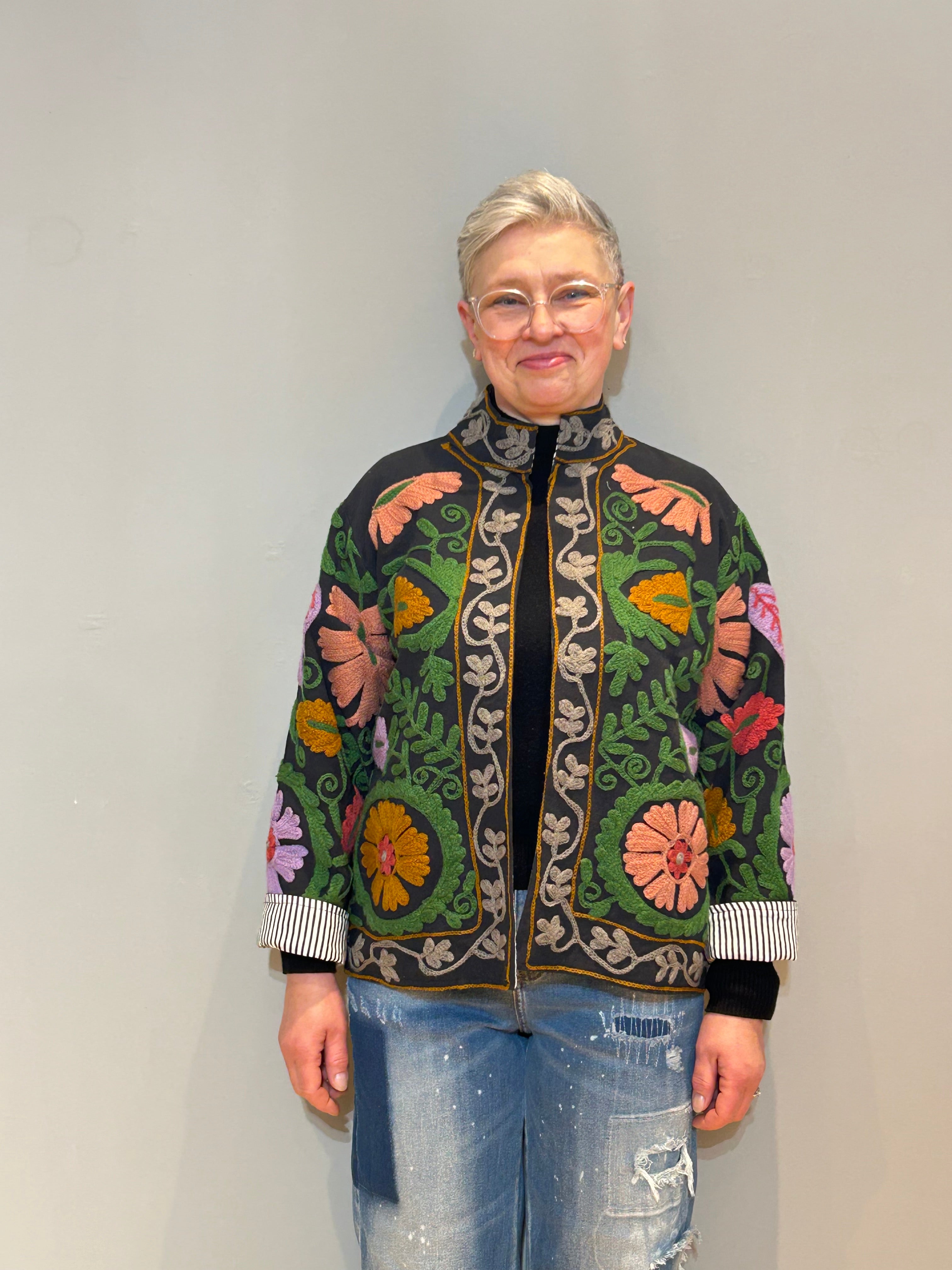 Cotton Suzani Hand-Embroidered Jacket - Dark Jungle Green