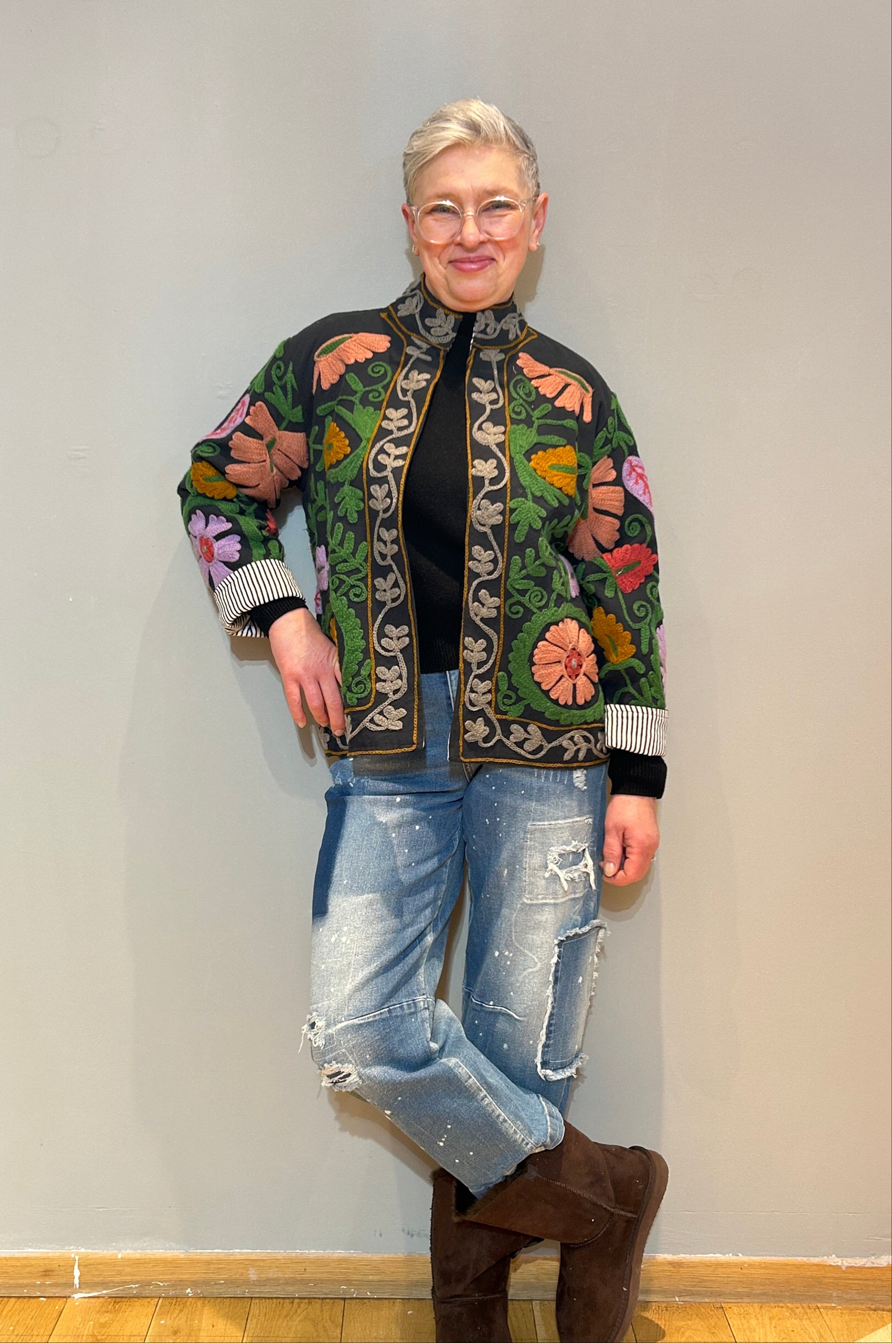 Cotton Suzani Hand-Embroidered Jacket - Dark Jungle Green