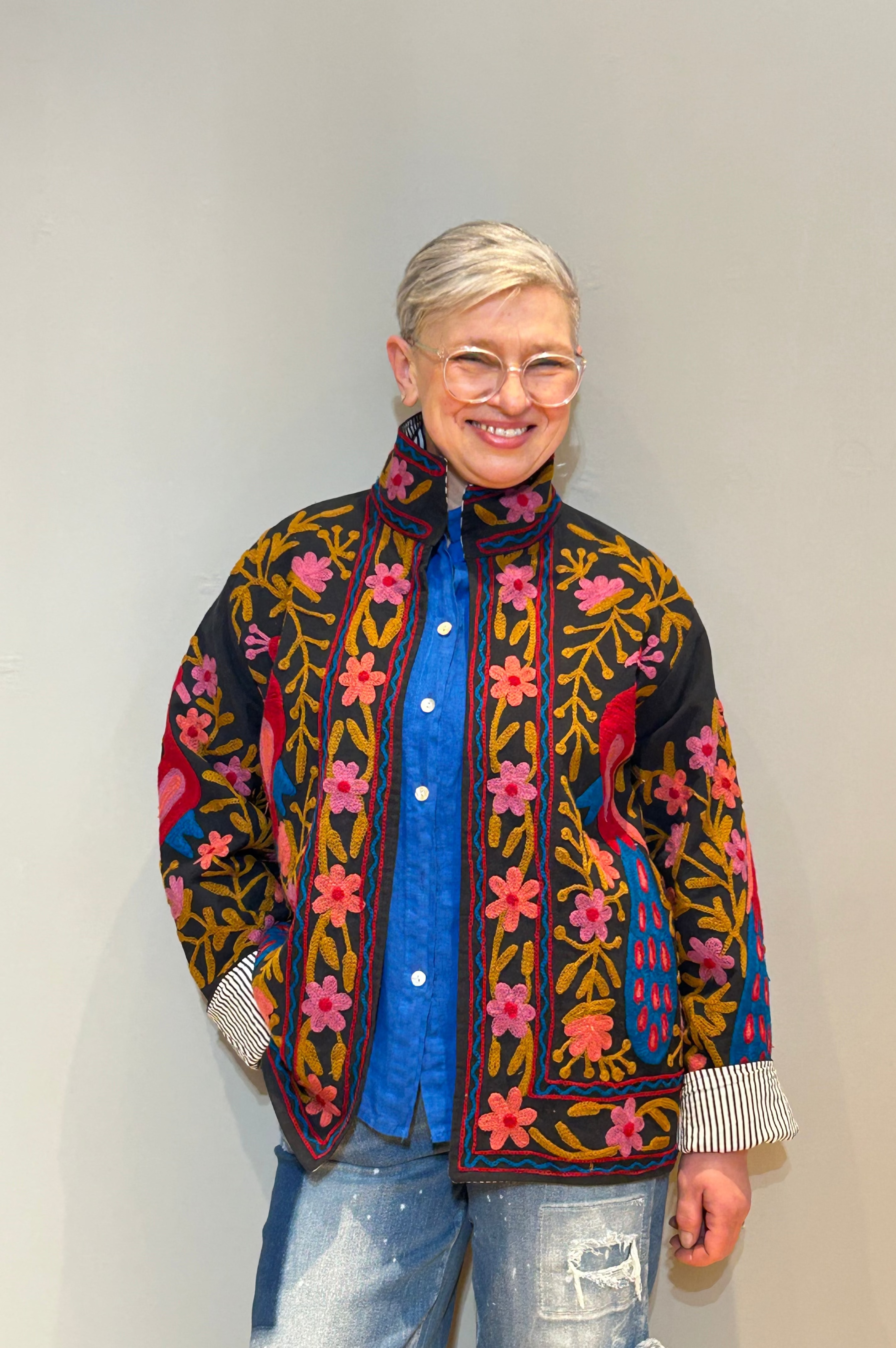 Cotton Suzani Hand-Embroidered Jacket - Midnight Golden Pfau