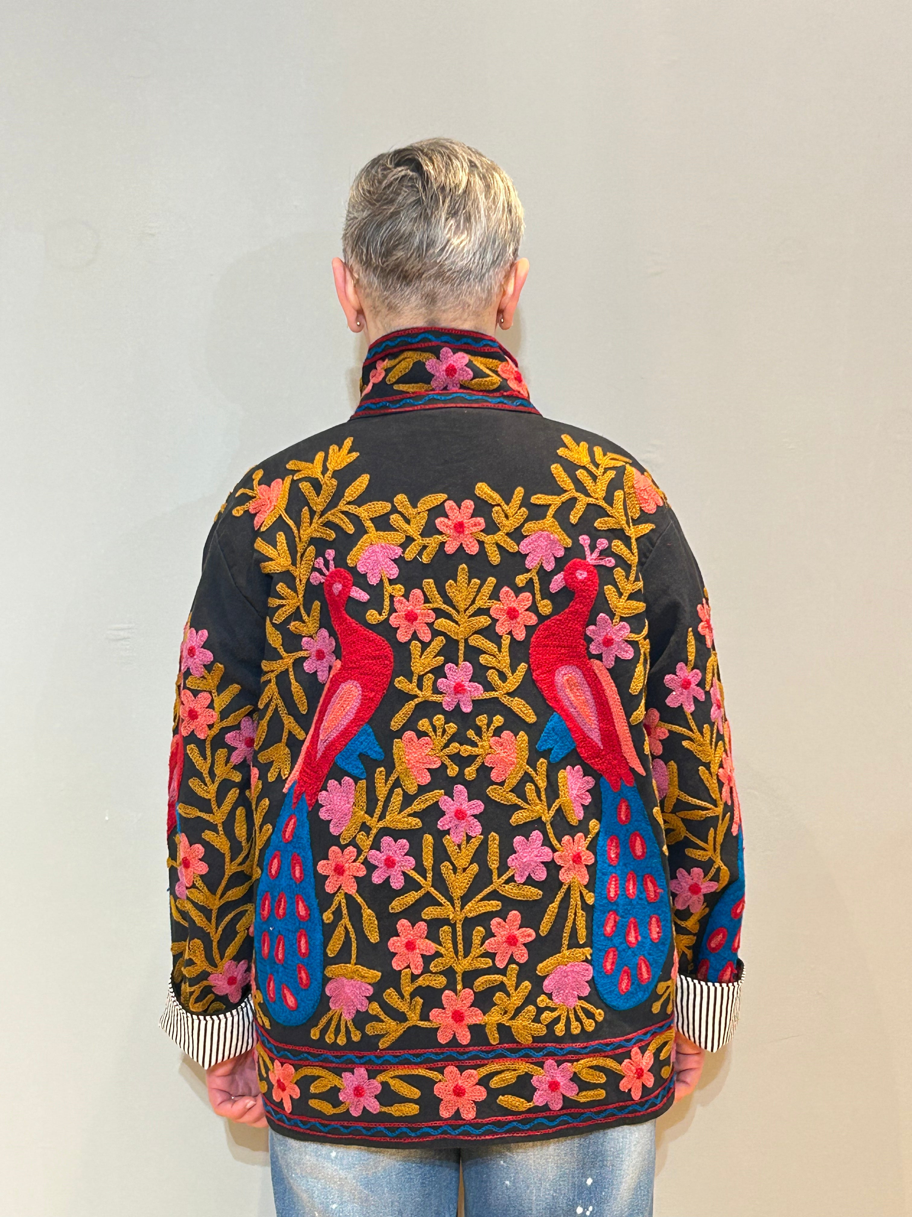 Cotton Suzani Hand-Embroidered Jacket - Midnight Golden Pfau