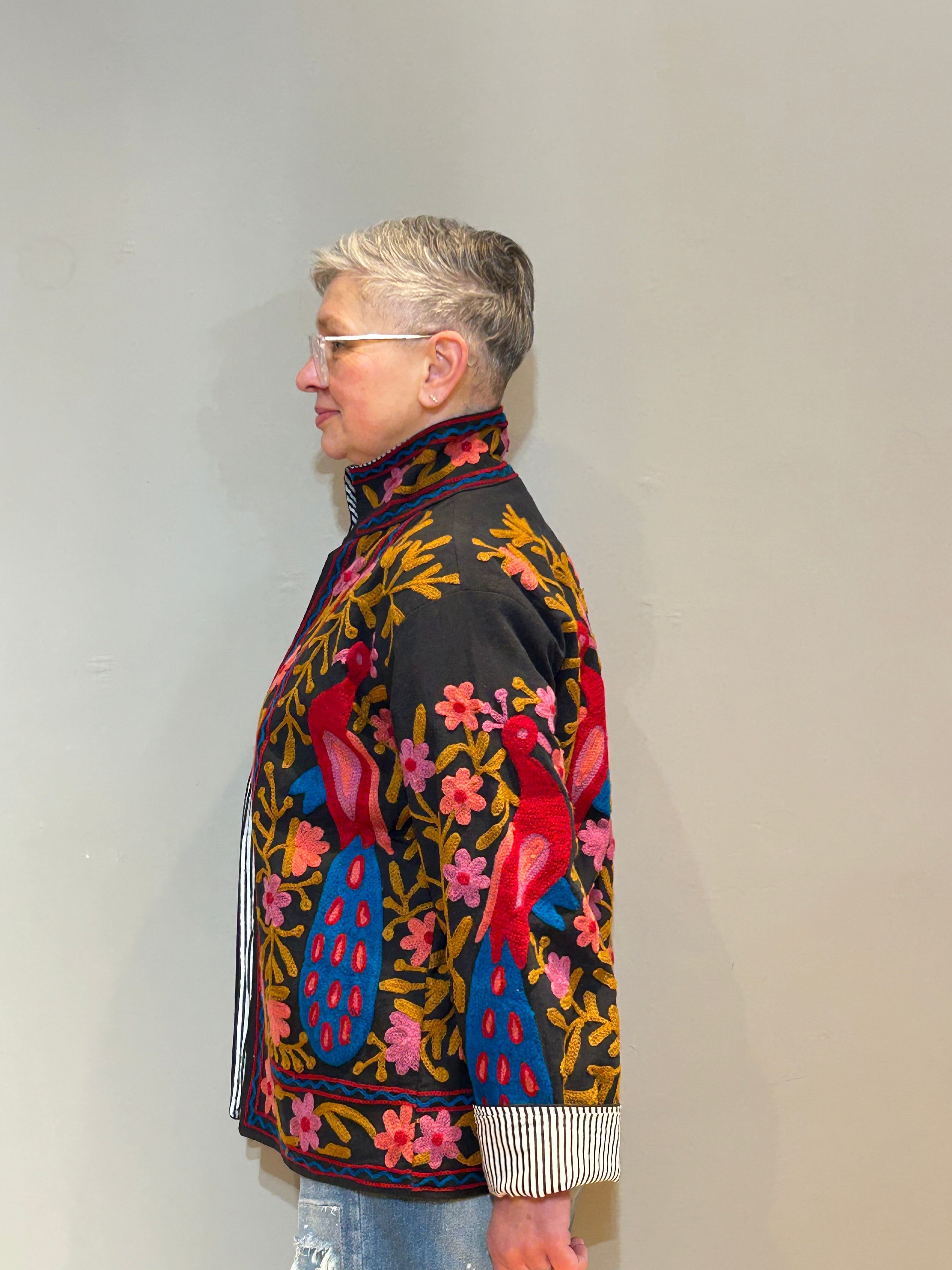 Cotton Suzani Hand-Embroidered Jacket - Midnight Golden Pfau