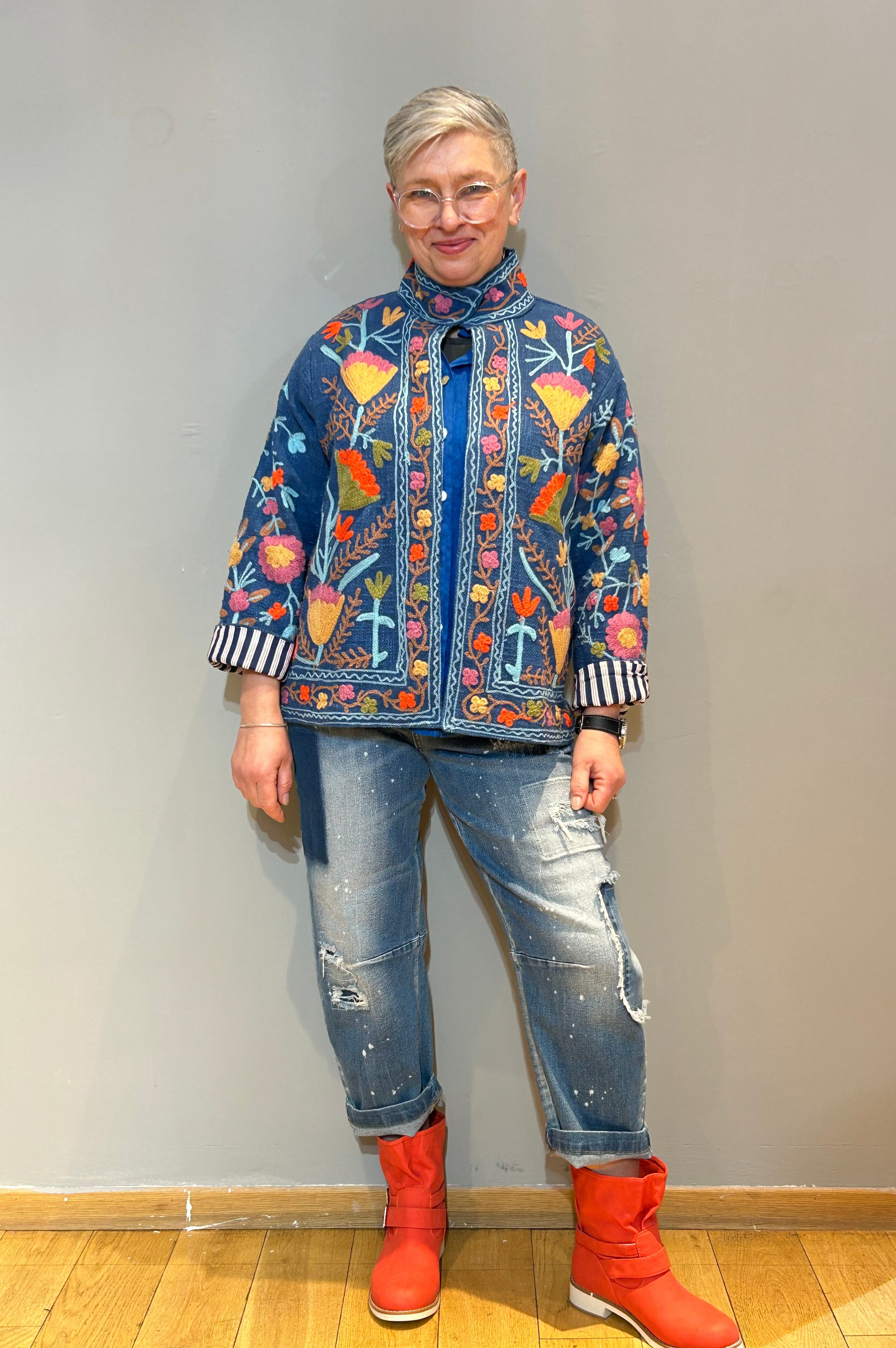 Cotton Suzani Hand-Embroidered Jacket - Blue Jay