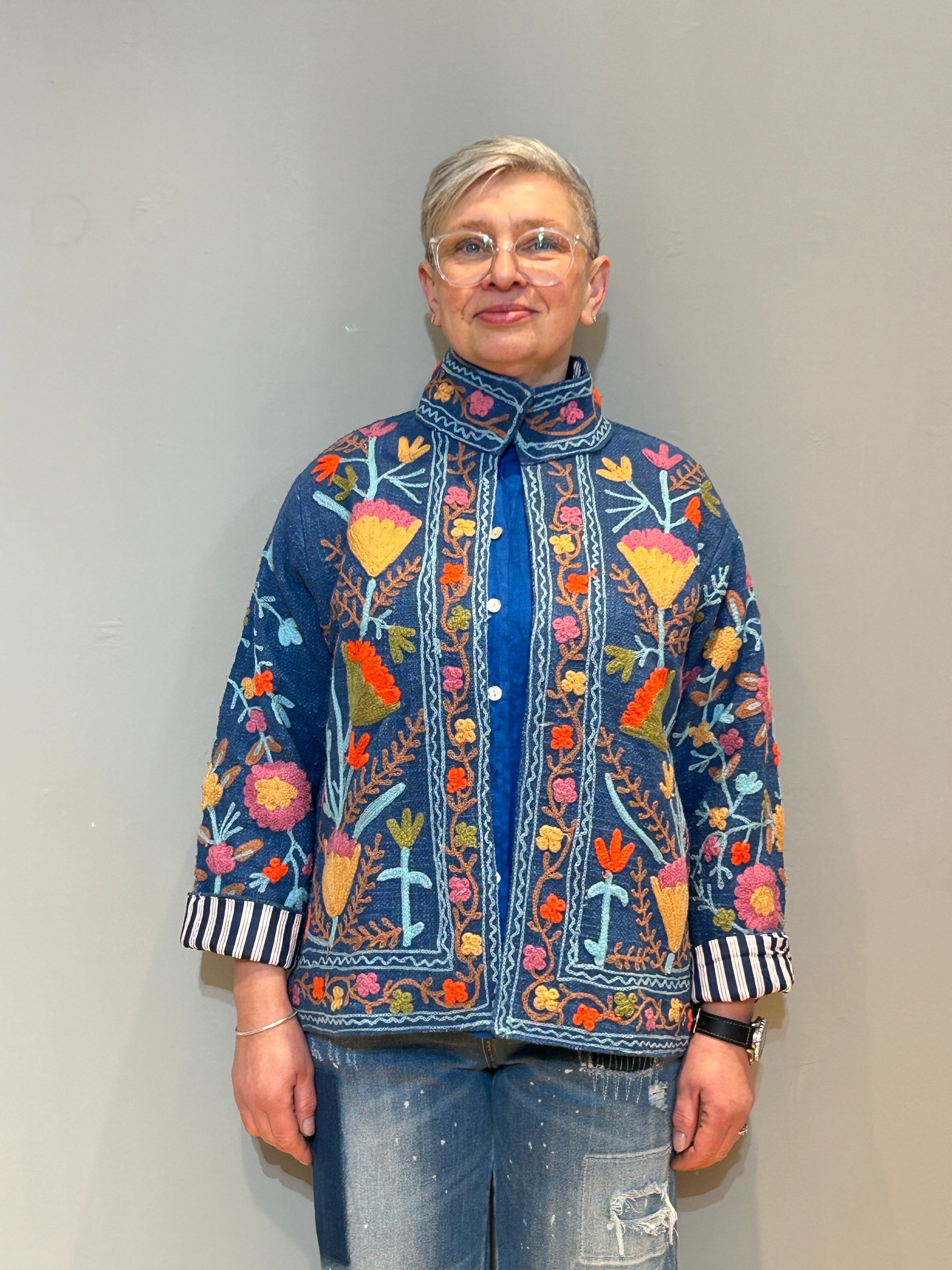 Cotton Suzani Hand-Embroidered Jacket - Blue Jay