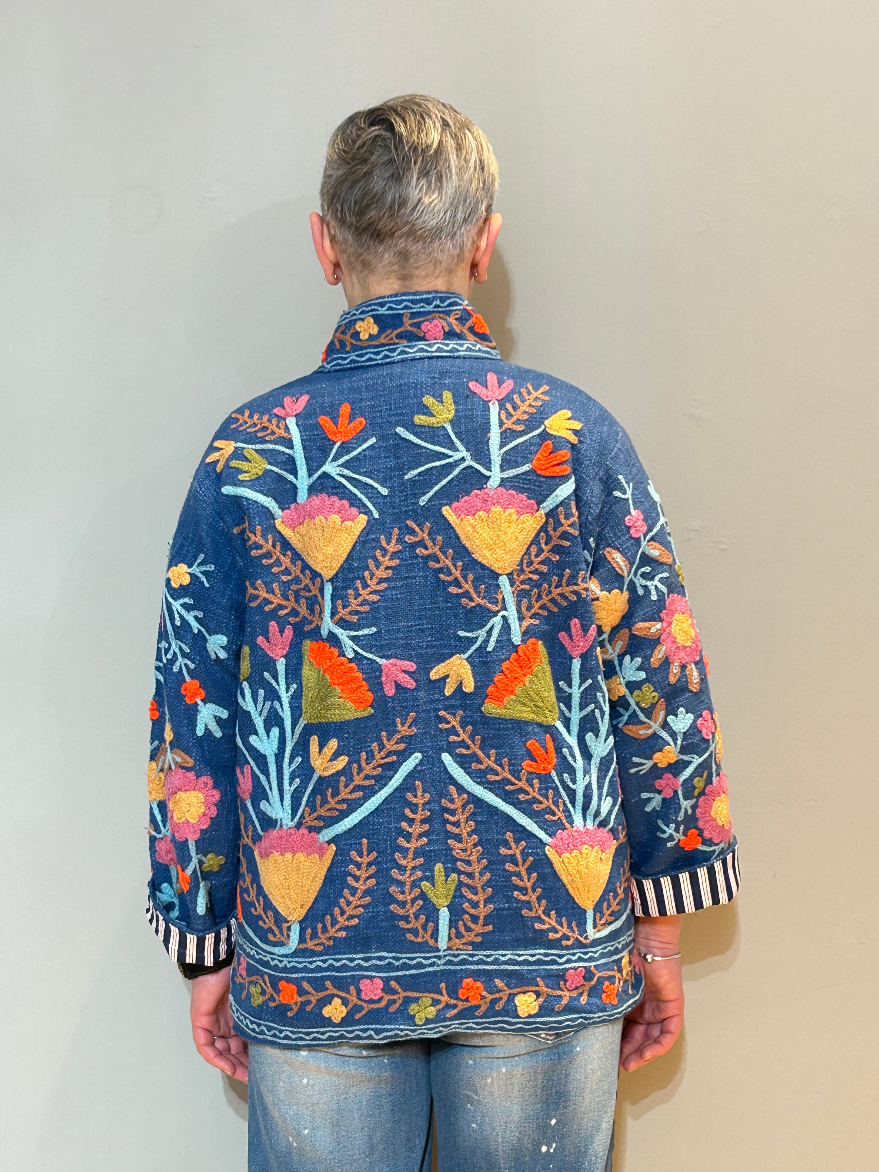 Cotton Suzani Hand-Embroidered Jacket - Blue Jay