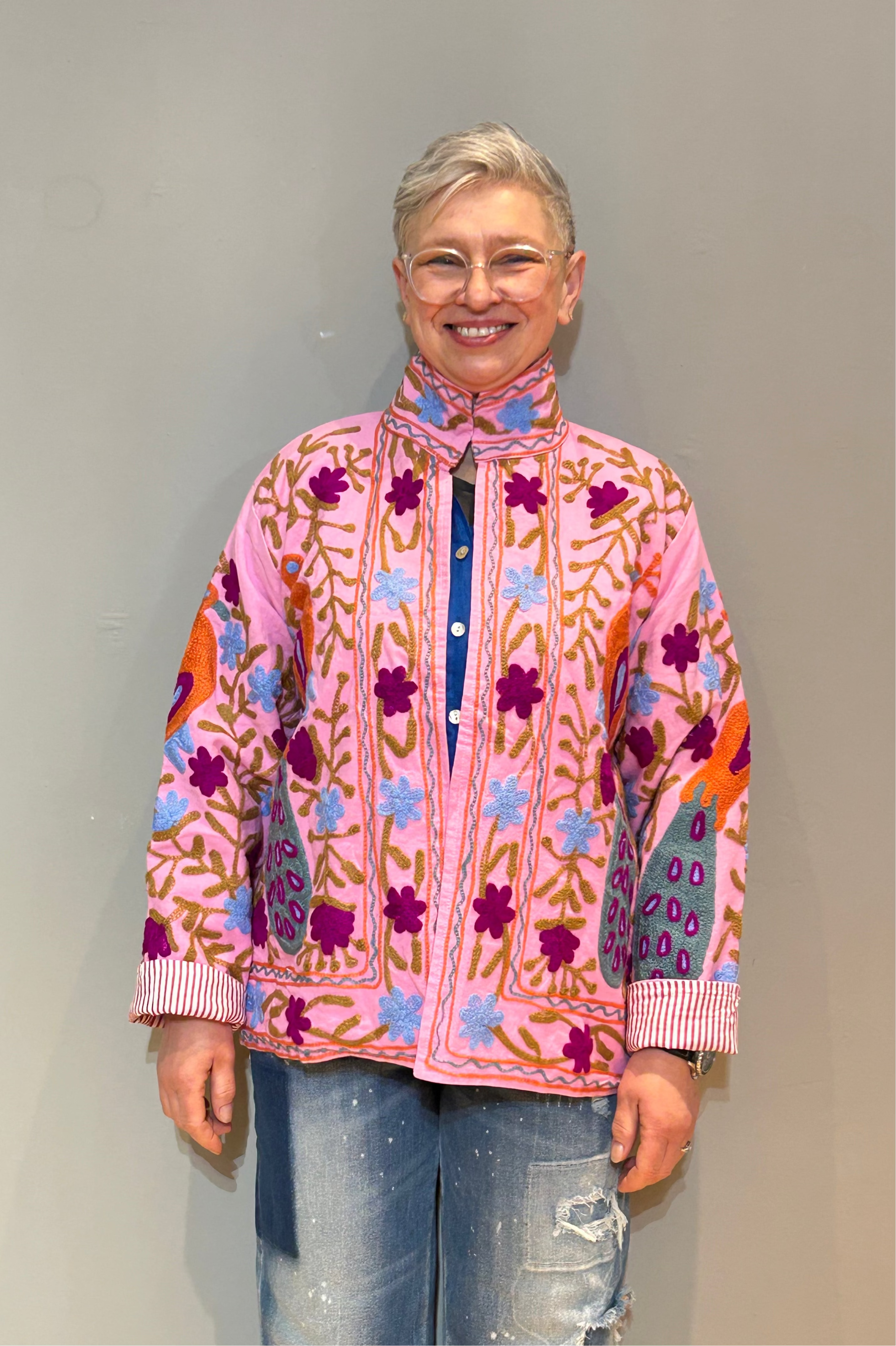 Cotton Suzani Hand-Embroidered Jacket - Pink Pfau