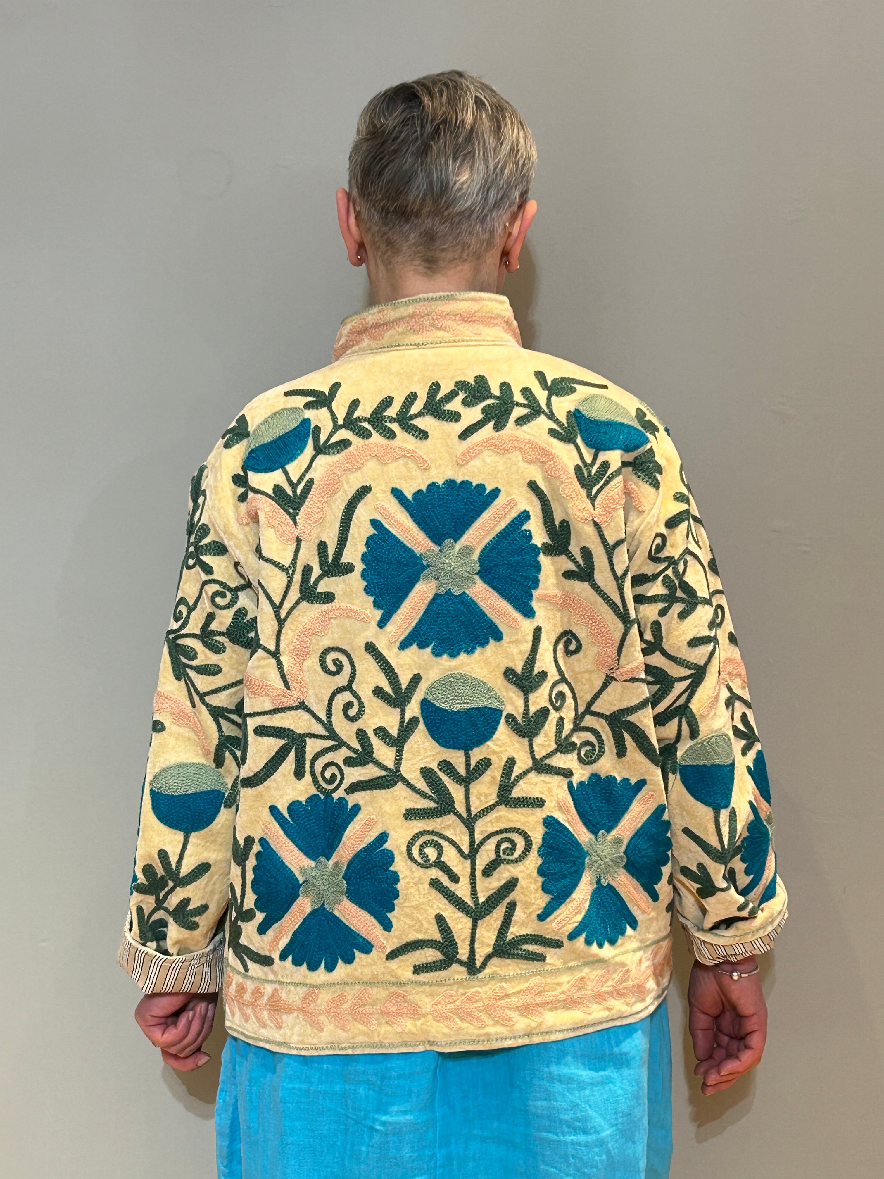 Velvet Suzani Hand-Embroidered Jacket - Beige Floral