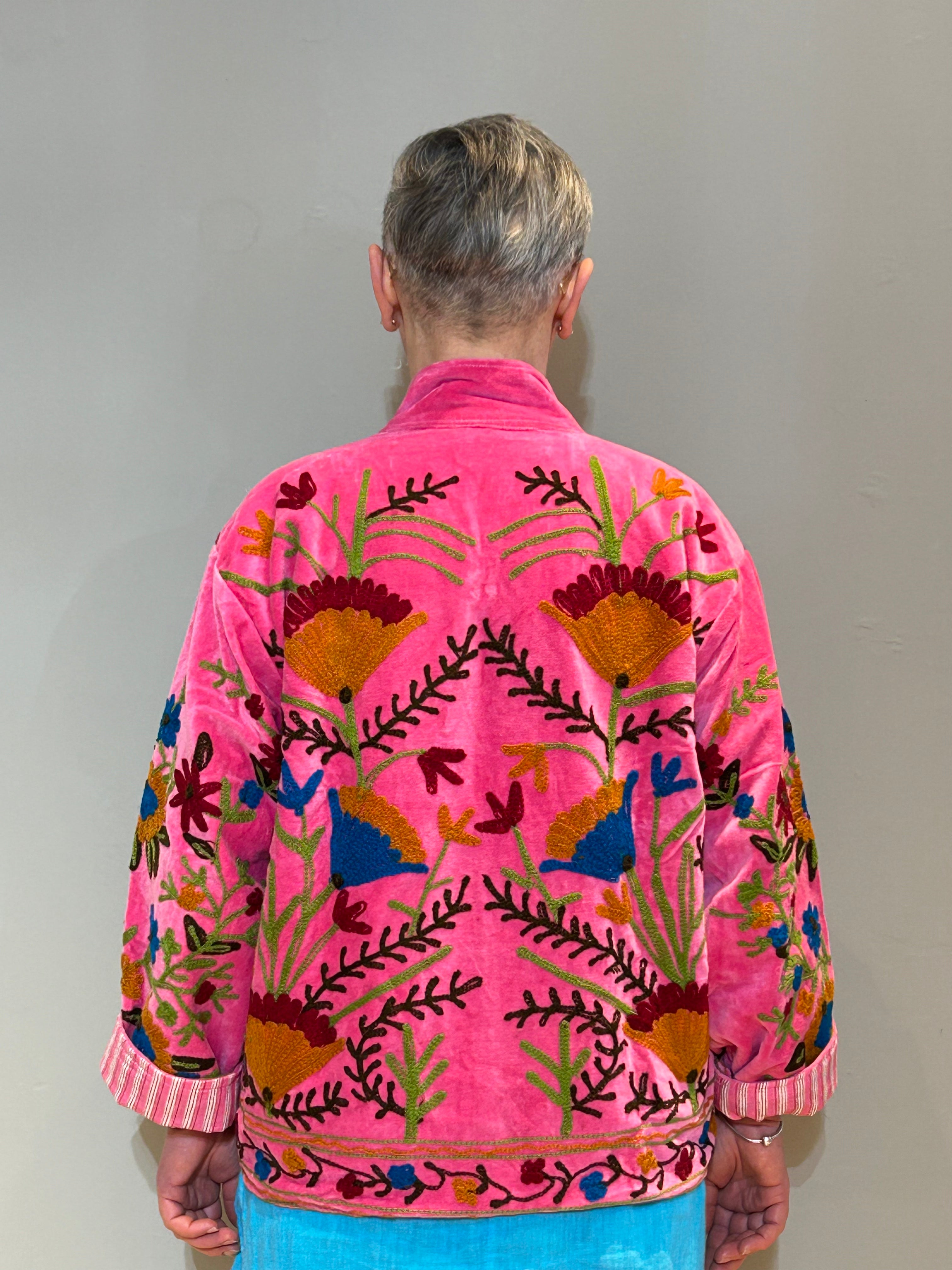 Velvet Suzani Hand-Embroidered Jacket - Pink