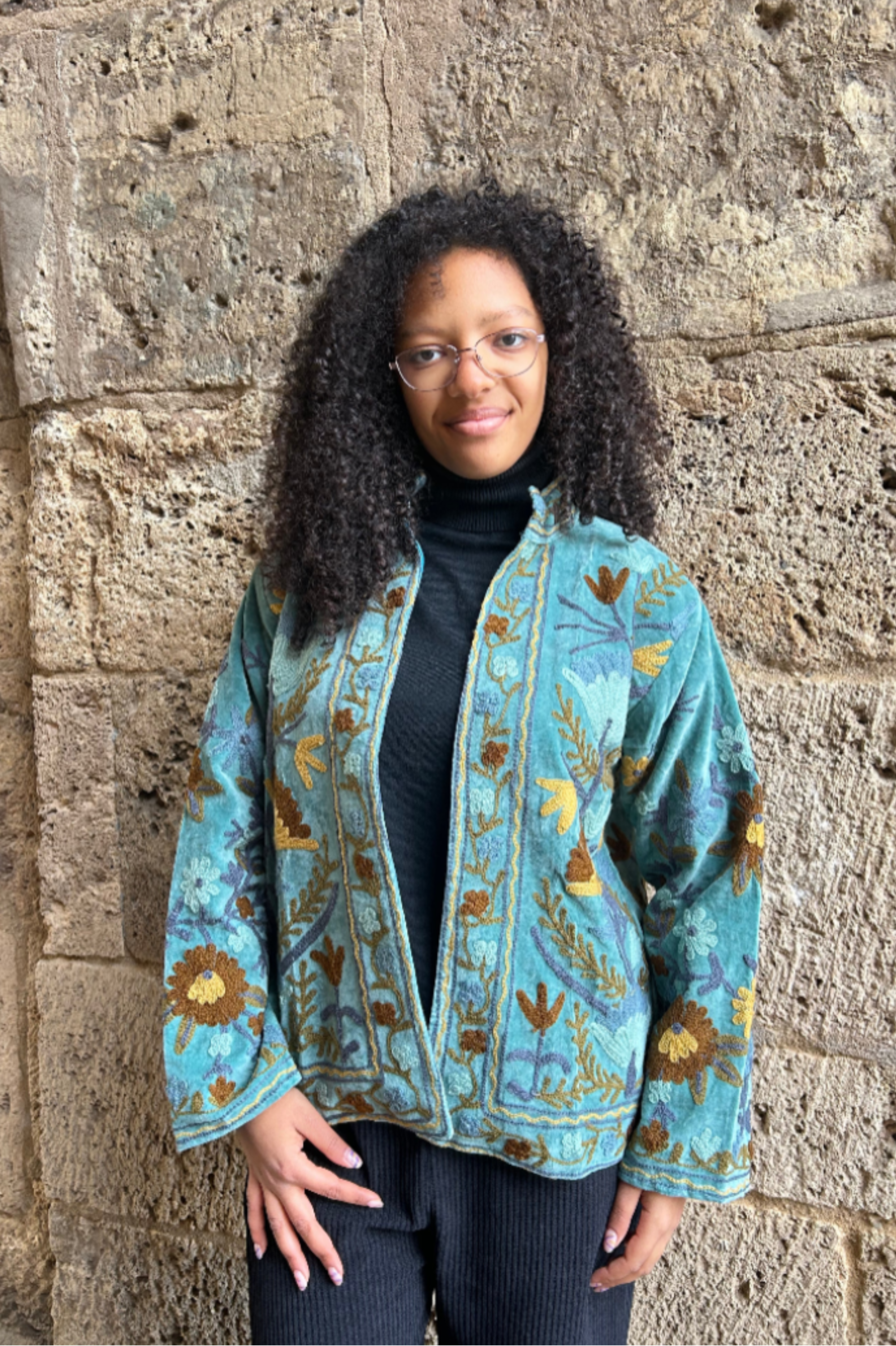 Turquoise Mist Hand-Embroidered Velvet Suzani Jacket