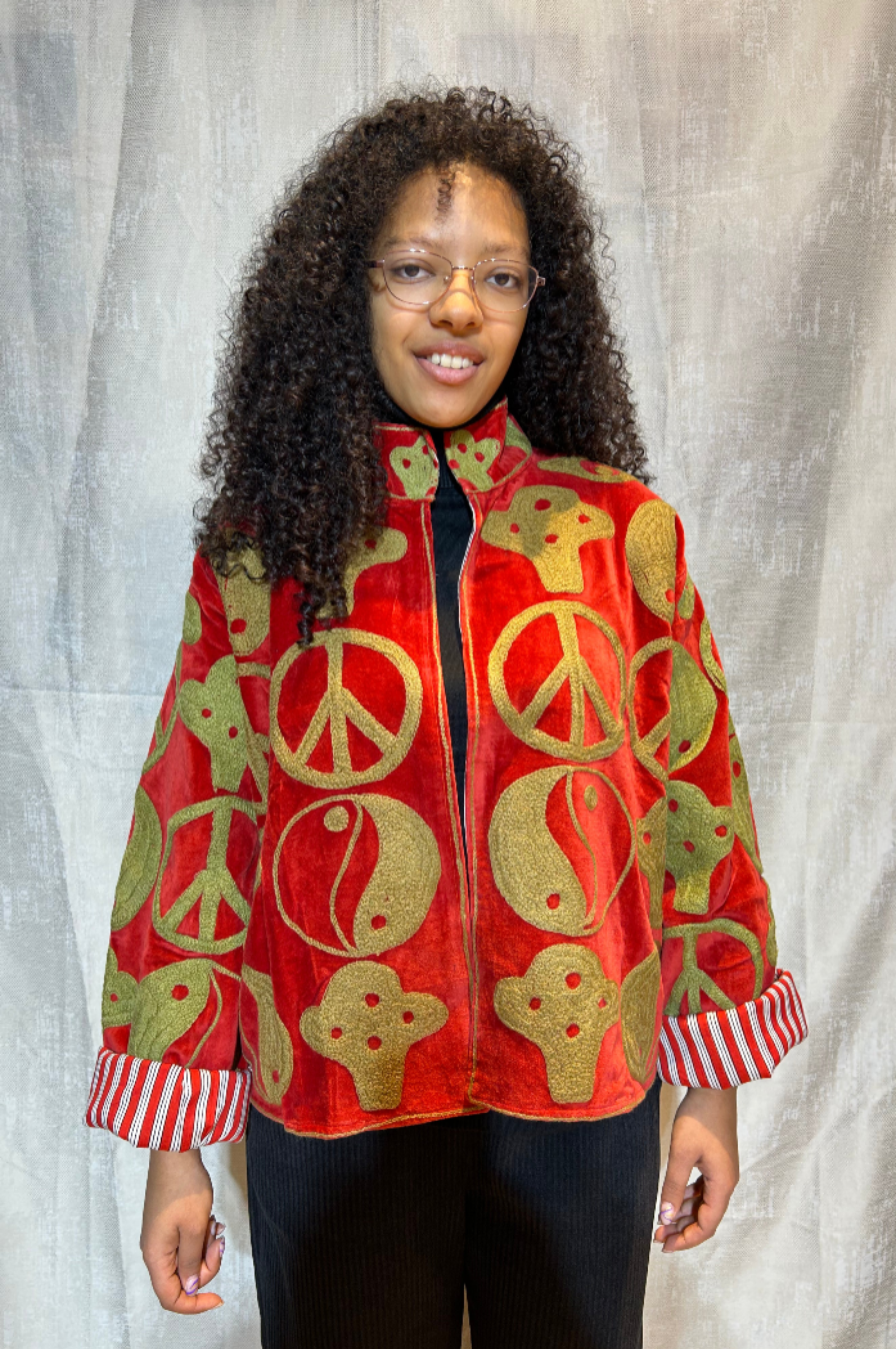 Saffron Red Hand-Embroidered Velvet Suzani Jacket