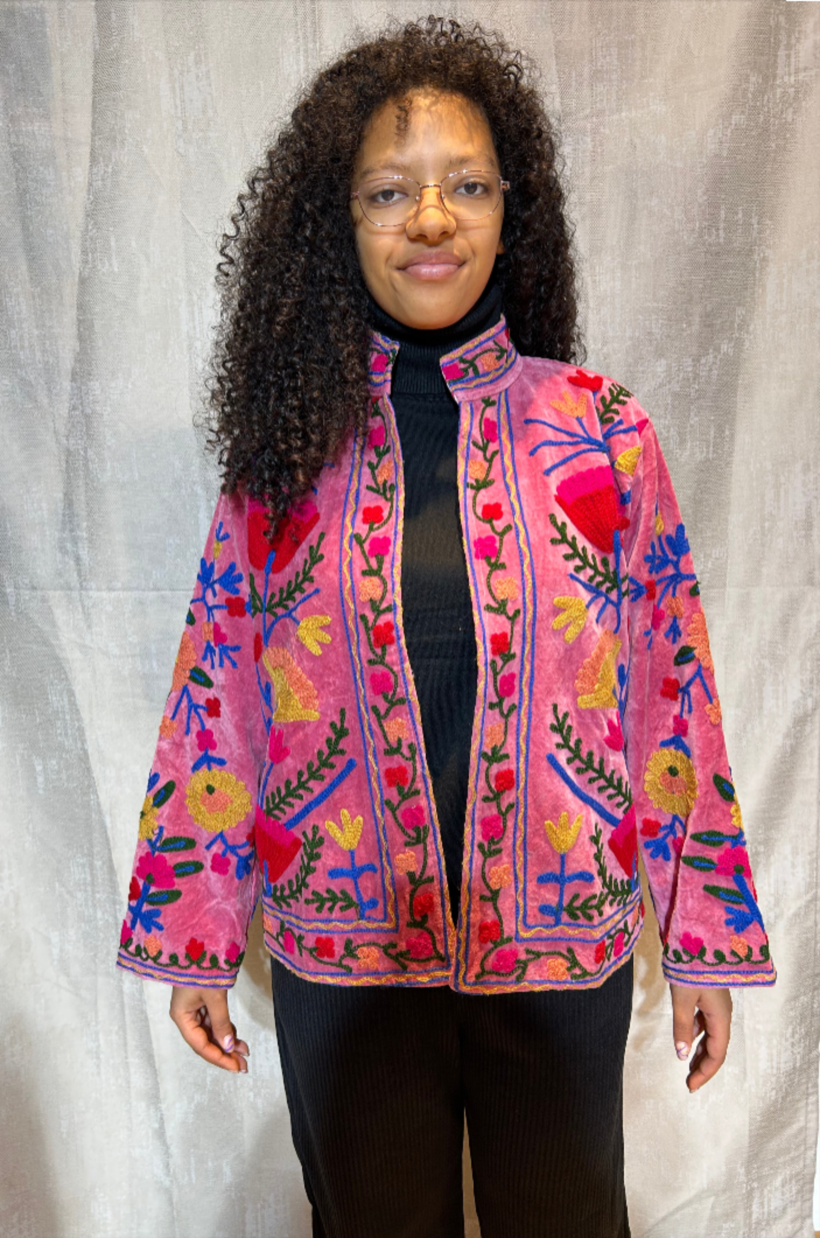 Vivid Peony Hand-Embroidered Velvet Suzani Jacket